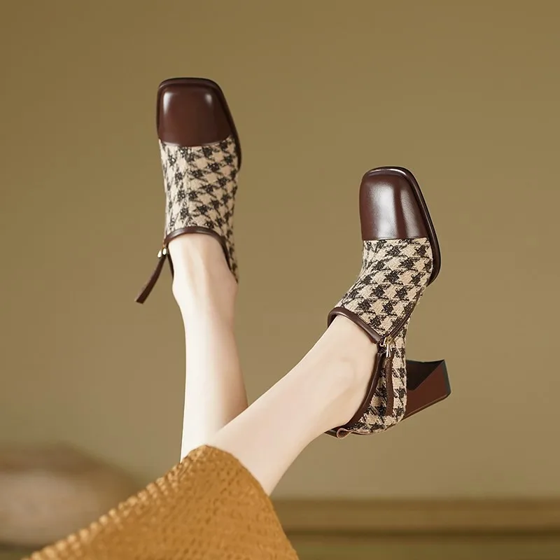 2025 nuove donne retrò pied de poule Mary Janes pompe brevetto fibbia cinturino blocco scarpe col tacco spesso vestito da donna primavera