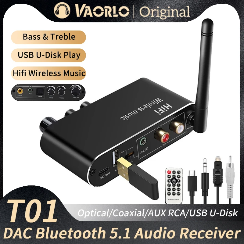 DAC Ricevitore audio Bluetooth 5.1 U-Disk 3.5MM AUX RCA Adattatore wireless stereo coassiale ottico Hifi Convertitore digitale-analogico