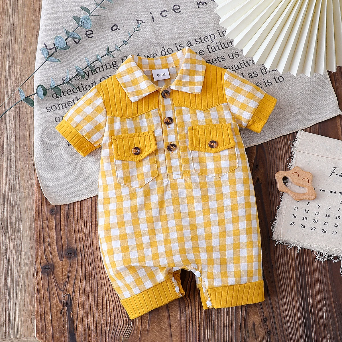 Sommer Gelb Infant Baby Unisex Jungen Mädchen Strampler Plaid Print Kurzarm Taste Vorne Overall Täglichen Casual Kleidung Für 3-18M Image