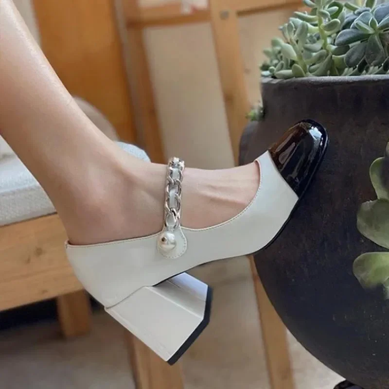Sommer Schuh Frau 2025, High Heels Luxus Schuhe Frauen Mary Janes Pumps Karree Leder Sandalen Schwarz Weiß Patchwork 39