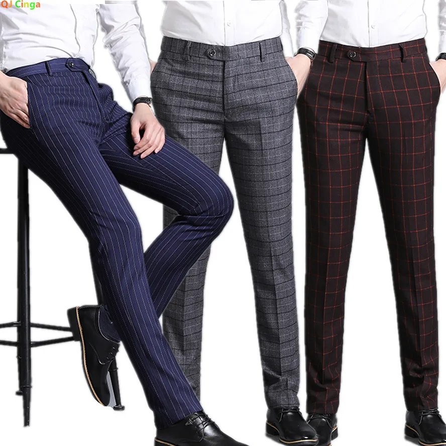 2026 Herren Blaue Vertikal Gestreifte Anzughose, Schwarze Business-Casual-Hose, Asiatische Größen 28-40, Burgunderrote und Graue Karierte Hose.