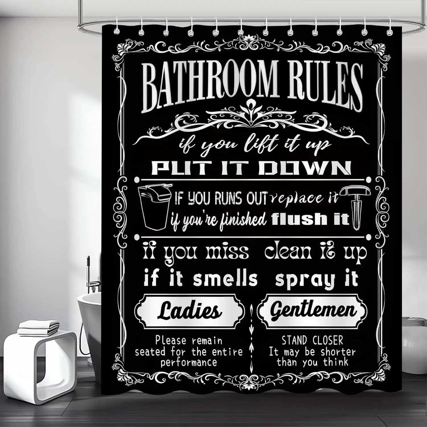 Rideaux de douche avec citations amusantes, règles de salle de bain noires et blanches, rideau de salle de bain moderne et amusant, salle de bain imperméable en Polyester