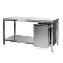 VM Europa Edelstahl Arbeitstisch mit Grundboden, Abfallbehälter rechts, Premium - alle Größen montiert: 150 x 60 cm / ohne Aufkantung / fertig montiert Image