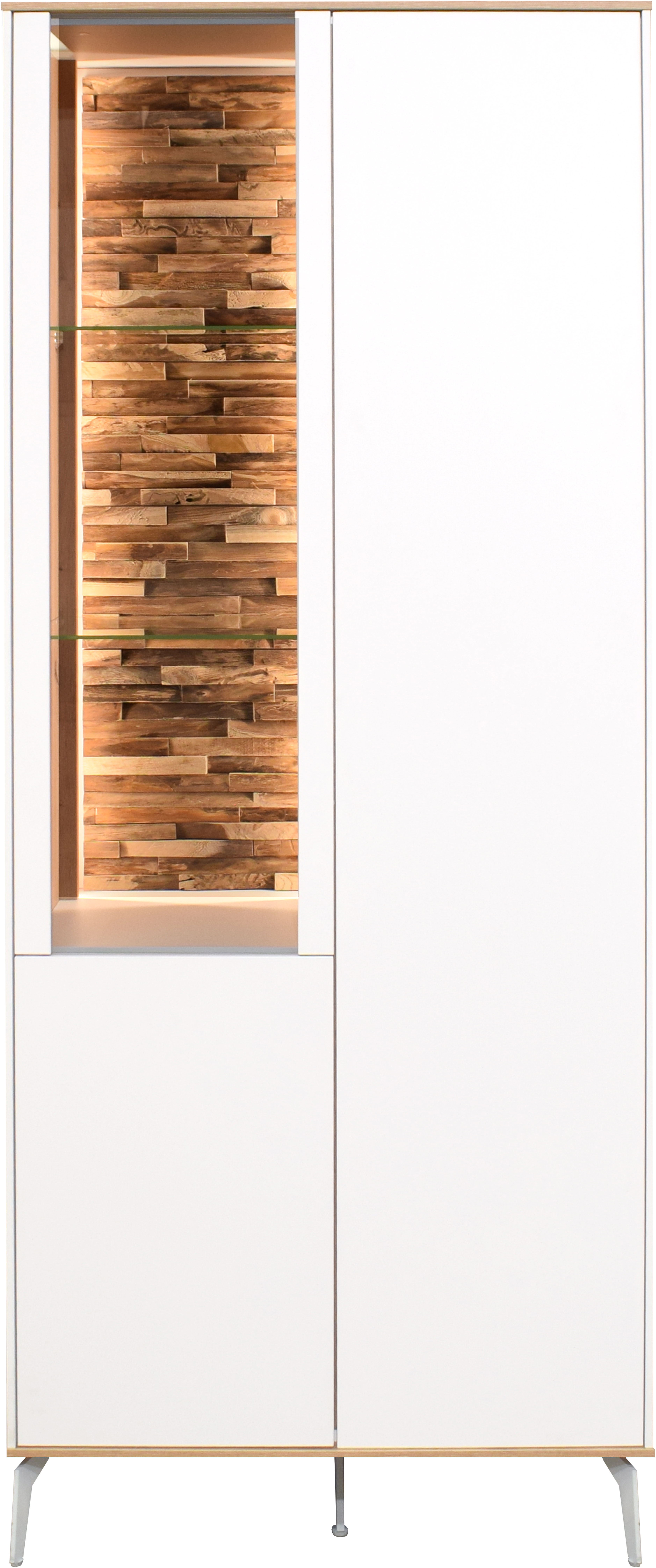 Vitrine MÄUSBACHER "Faro", weiß (ice weiß supermatt, asteiche), B:81cm H:193cm T:42cm, Schränke, Vitrine, Faro Vitrinenschrank B 81 cm, inkl. Bel., Push to open, Metallfüße