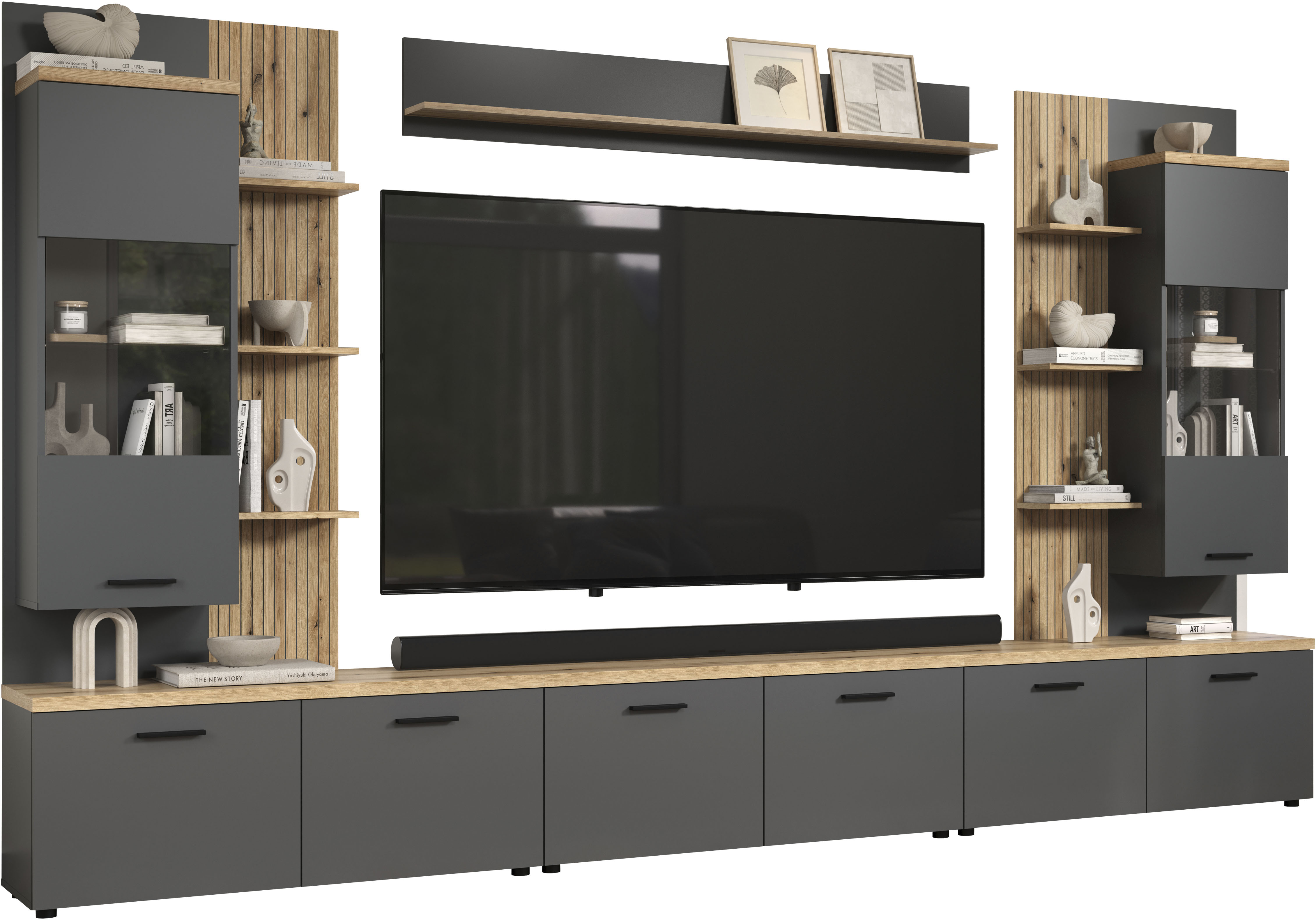 Wohnwand HOME AFFAIRE "Bajo", anthrazit, evoke eiche, B:360cm H:212cm T:40cm, Glas, Holzwerkstoff, Kunststoff, Kastenmöbel-Sets, Wohnwand