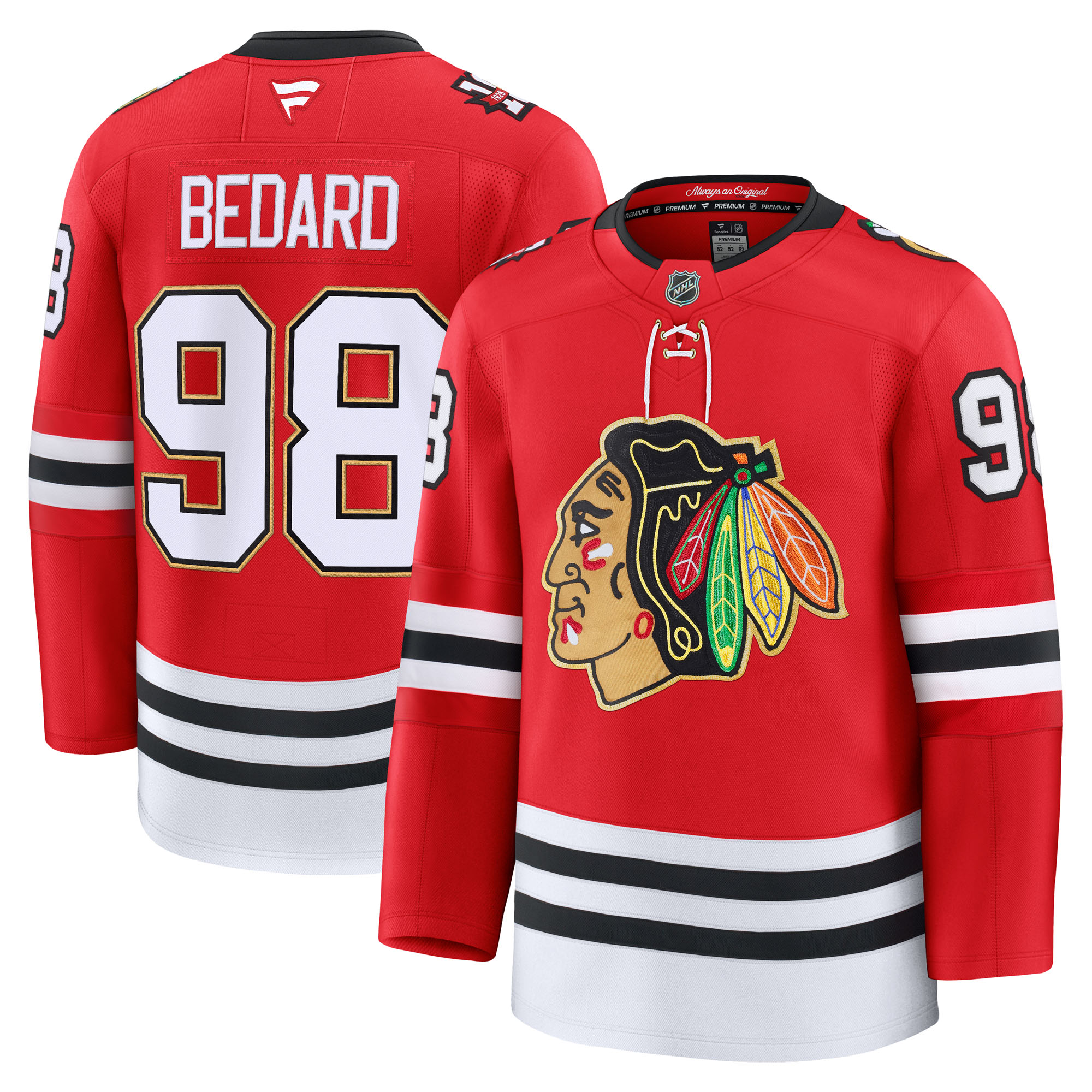 Fanatics Connor Bedard Herren-Premium-Spielertrikot in Rot, Chicago Blackhawks, Jubiläumsausgabe Image