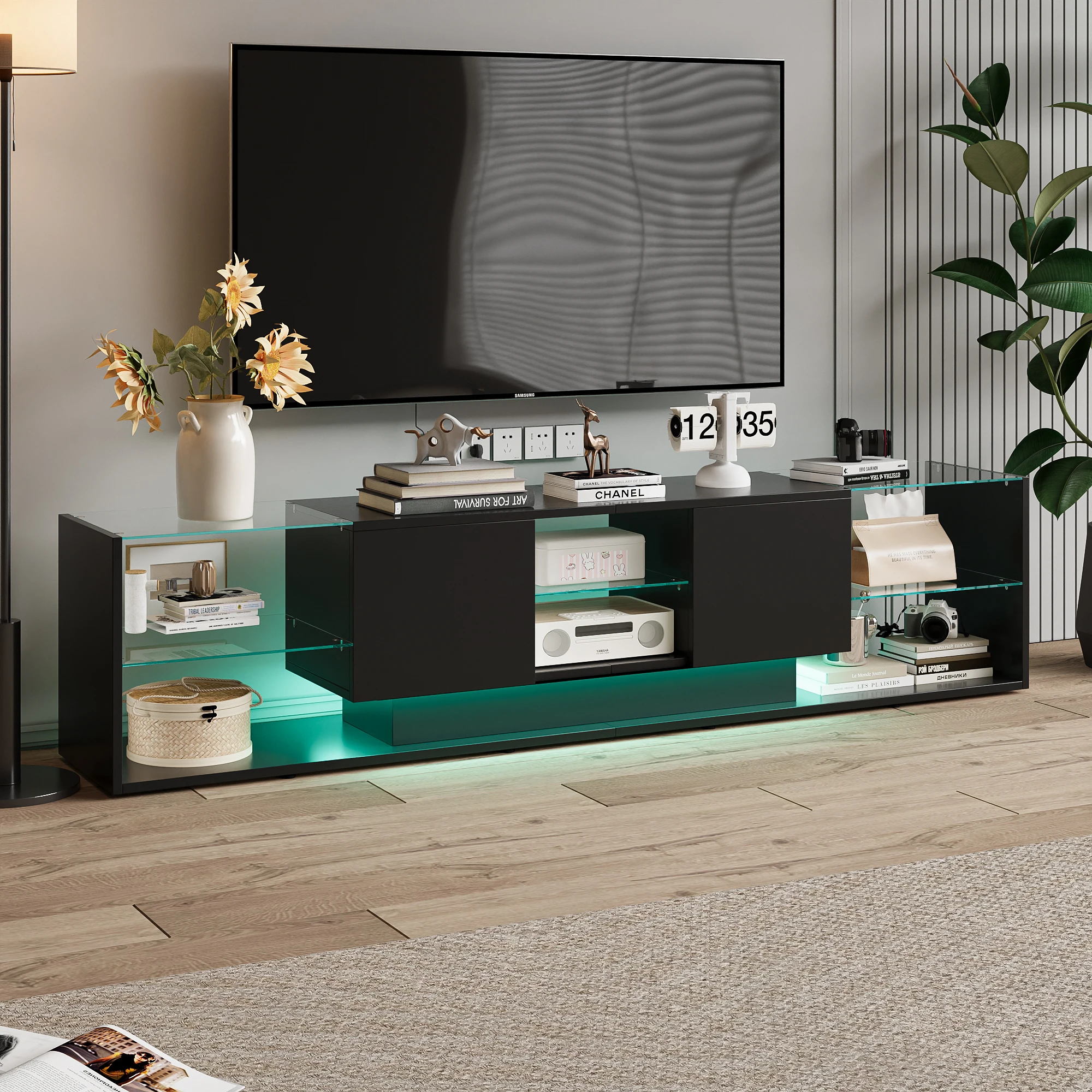 Meuble TV Led 200 Cm, Table TV avec Led Réglable Table de Télévision Salon Meuble Télé avec Rangement Tiroirs Meuble TV Brillant