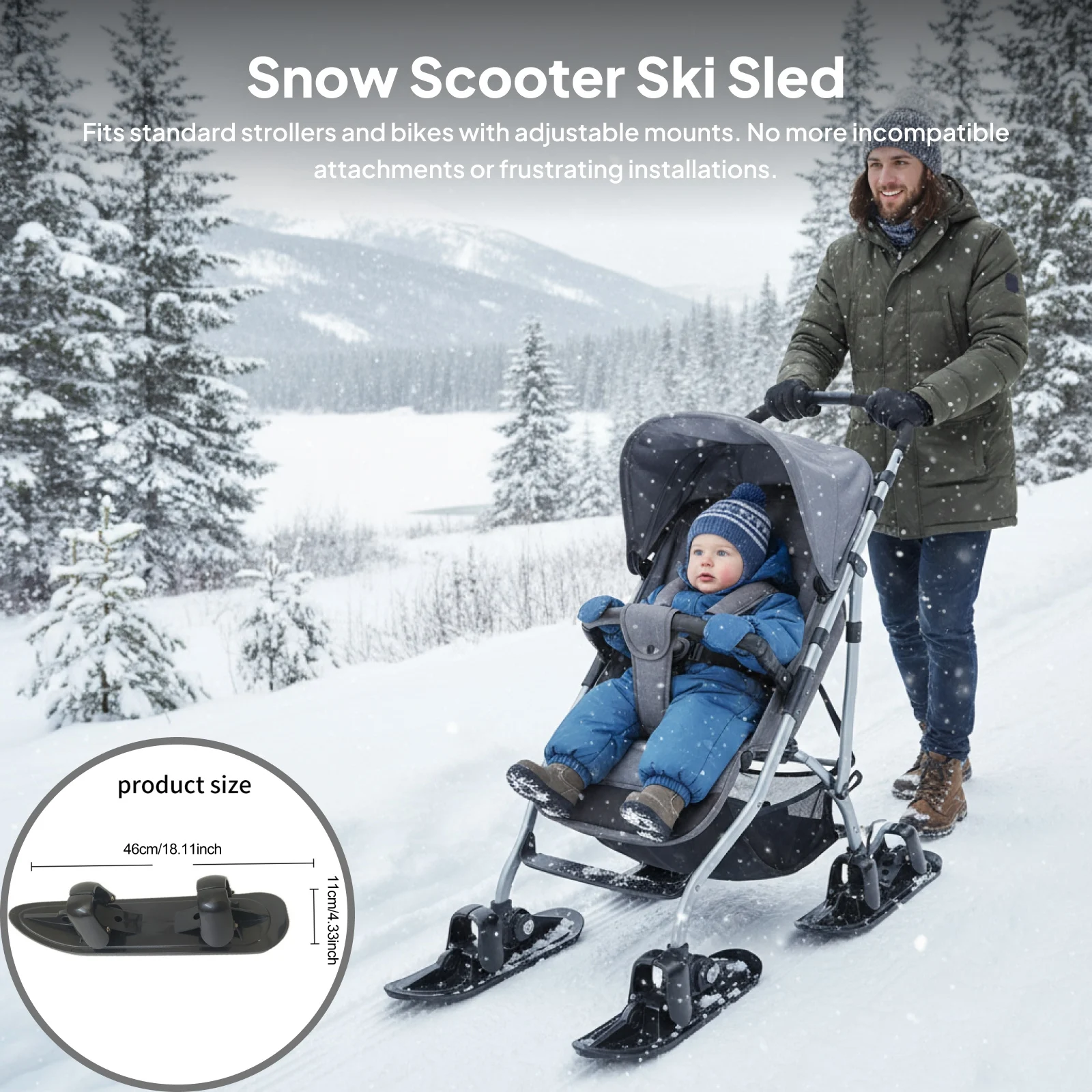 2-in-1-Schneescooter, Kinderwagen, Rad, Skischlitten, Outdoor, Winter, Snowboards, Ski-Schlittenbrett für Fahrräder, Radfahren, Skifahren