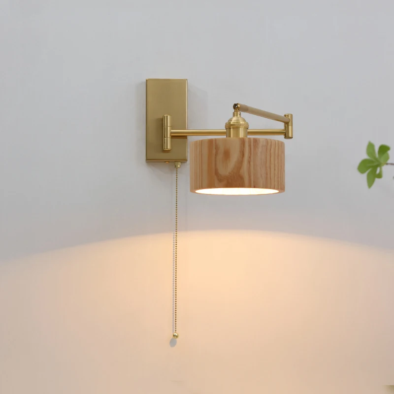 Drehen Wand leuchte Wand leuchte ziehen Kettensc halter Licht Schlafzimmer Innenwand lampe mit Stecker Treppen licht Holz Lampen schirm Raum dekor