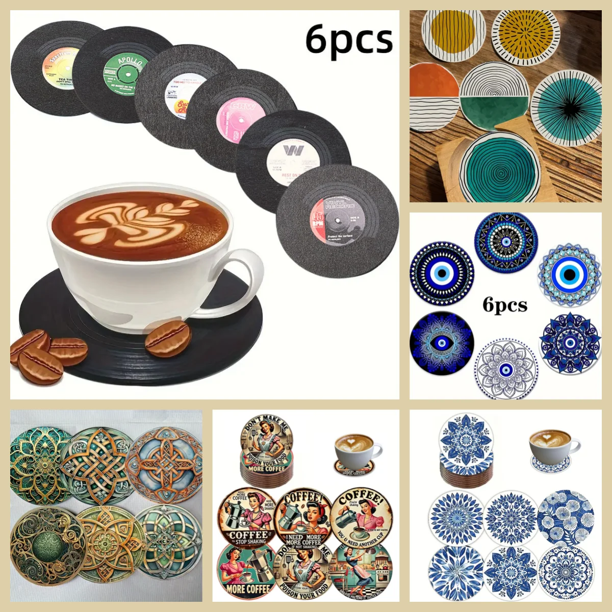 6 rutschfeste und wärmeisolierende Untersetzer aus Holz mit Cartoon-/Mandala-Muster, Neujahrsgeschenke für die Wohnzimmerparty Image