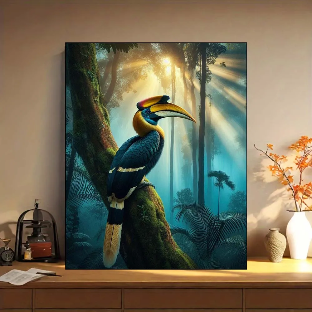 Sun Dappled Hornbill on Mossy Rainforest Tree Trunk Canvas Art Diy Digital Oil Painting Kit für Anfänger Erwachsene ohne Rahmen Image