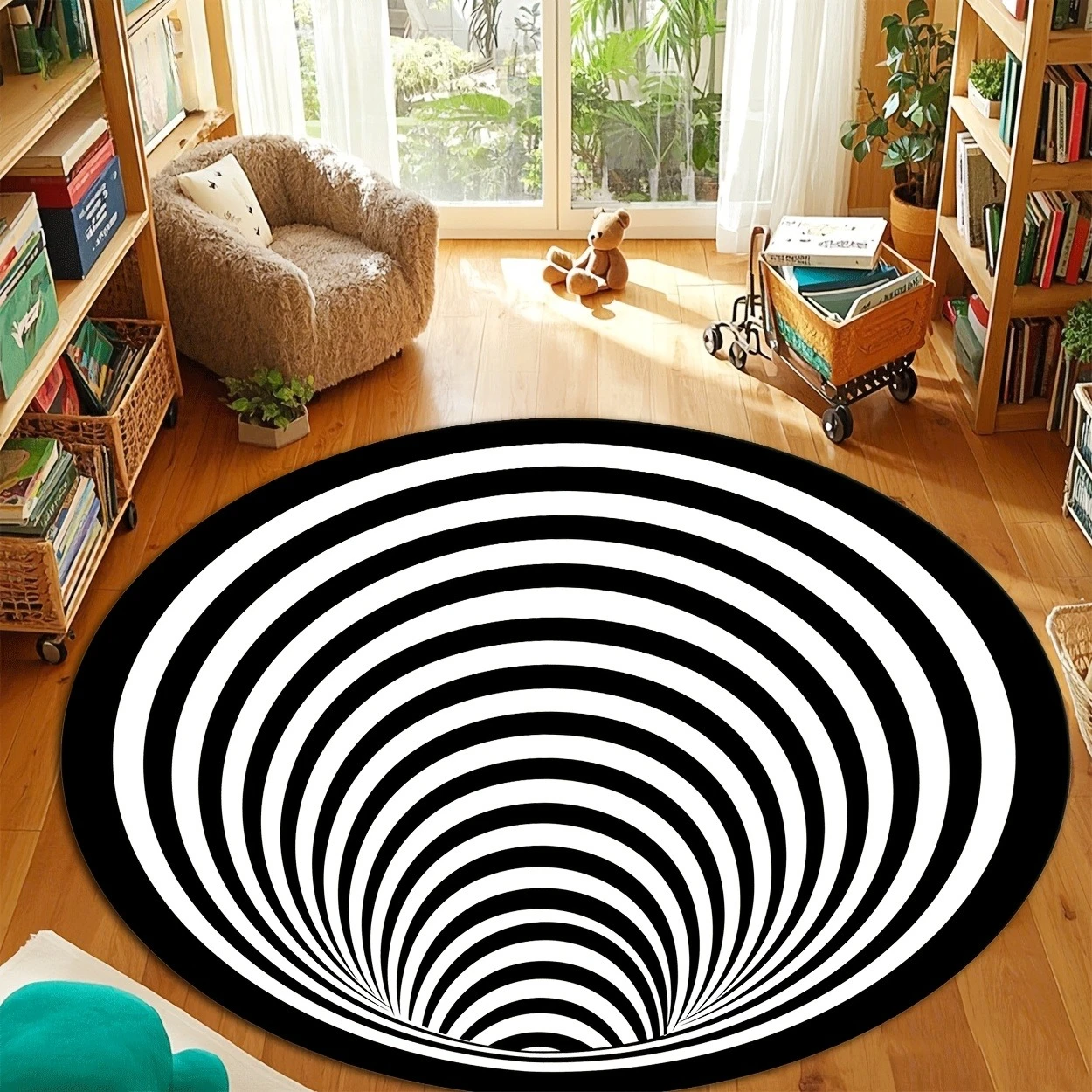 Schwarz-weißer runder Teppich mit spiralförmigem Streifenmuster, rutschfeste Bodenmatte für Wohnzimmer, Schlafzimmer, Badezimmer, Urlaubsdekoration Image