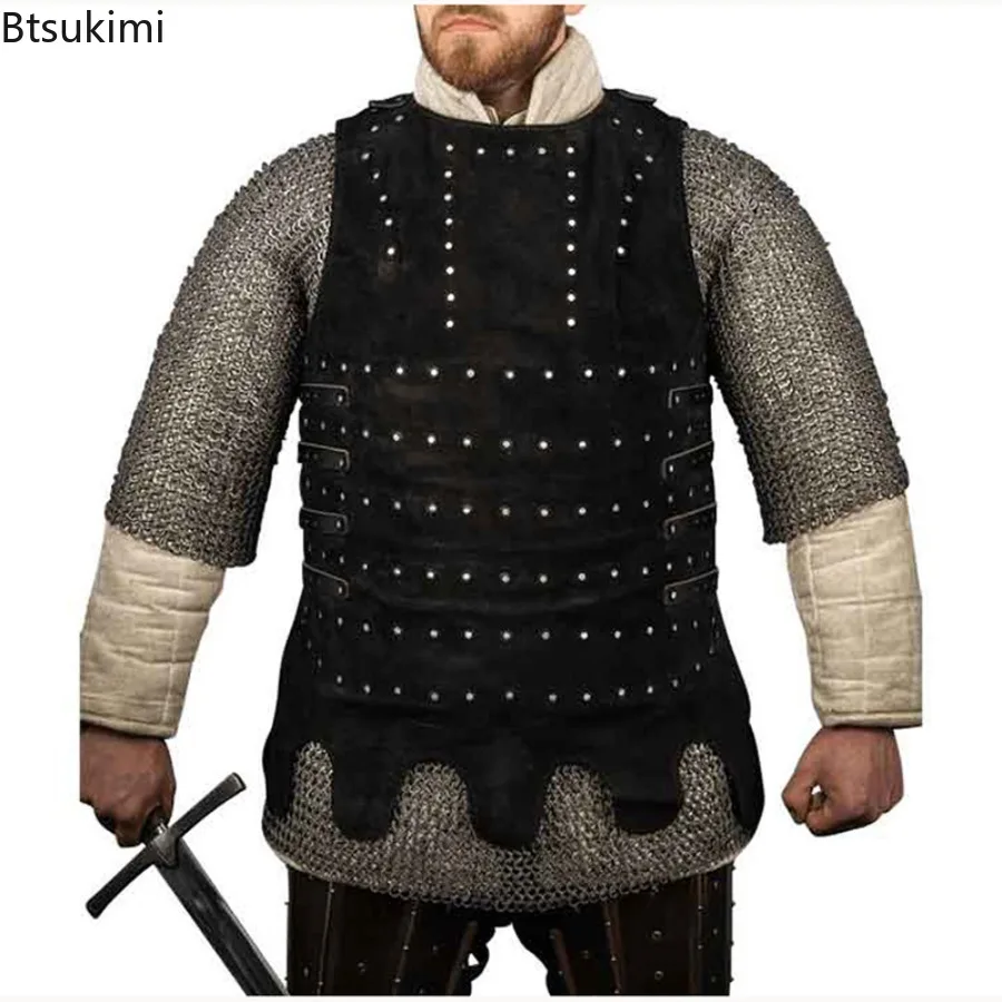 Mittelalterliche Wikinger Pirat Leder Brigandine Rüstung Jacke Halloween Outfit Ritter Krieger Cosplay Kostüm LARP Weste Mantel Wappenrock Herren Image