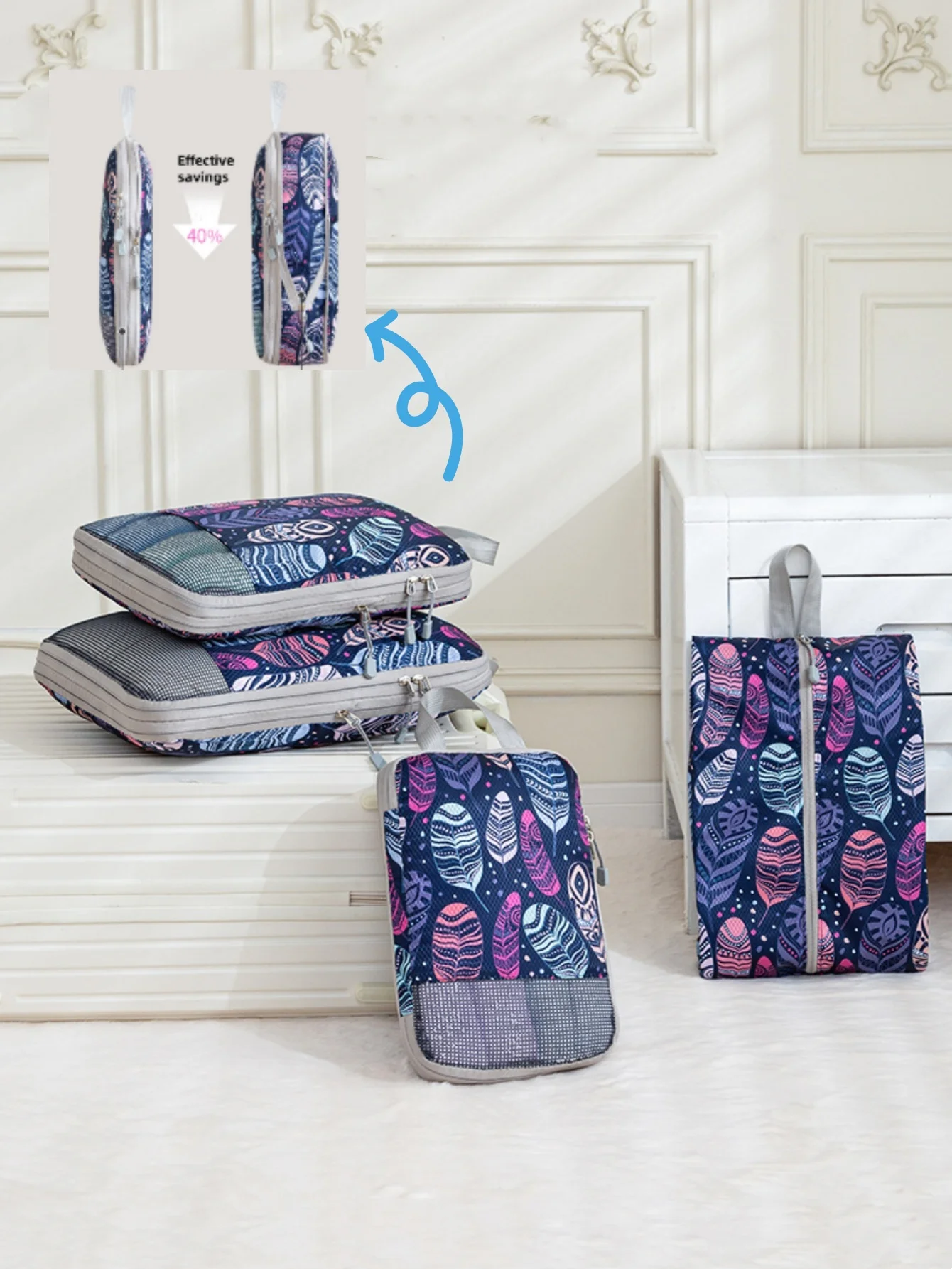 4-teiliges elegantes Blumen-Reiseverpackungs-Organizer-Set, Kompressionswürfel für Toilettenartikel, Kleidung und Schuhe, langlebiger, waschbarer Stoff