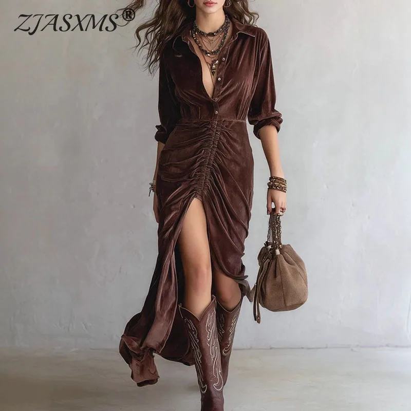 Herbst Winter Solide Weiche Samt Party Kleider Frau Sexy Hemd Kragen Taste Plissee Kleid Retro Langarm Schlank Split Langes Kleid Image