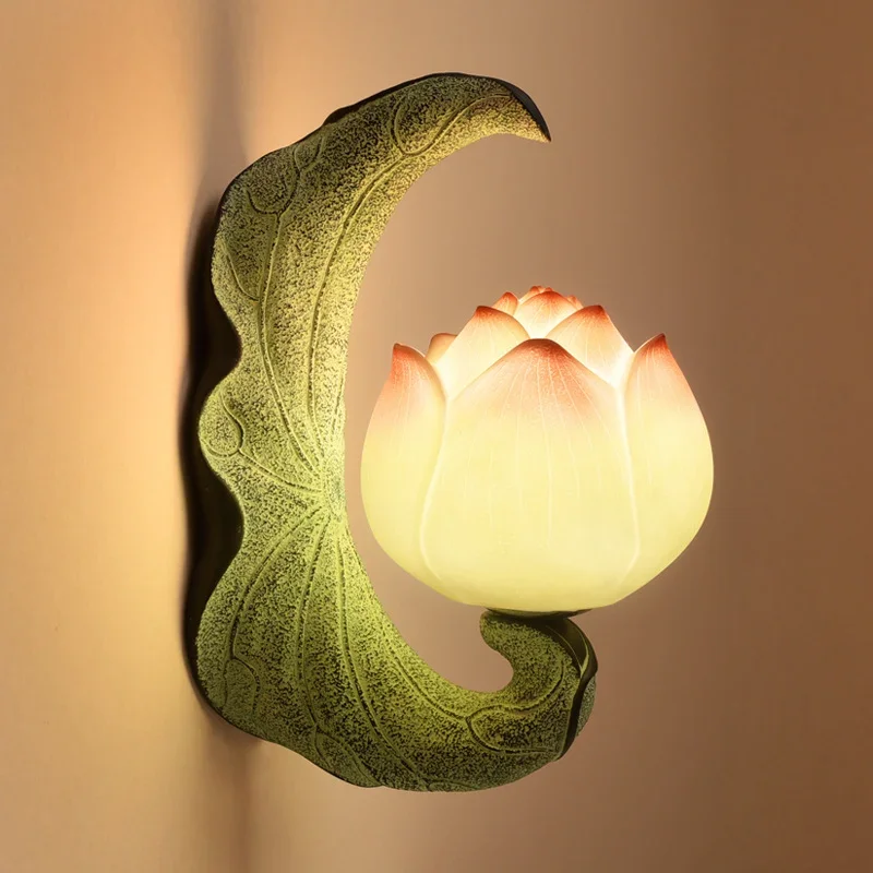 Klassische chinesische Lotus Wandleuchte Retro Spiegel Lichter Schlafzimmer Nachttischlampe Vintage Harz Wandleuchte Treppe Home Decor Leuchten