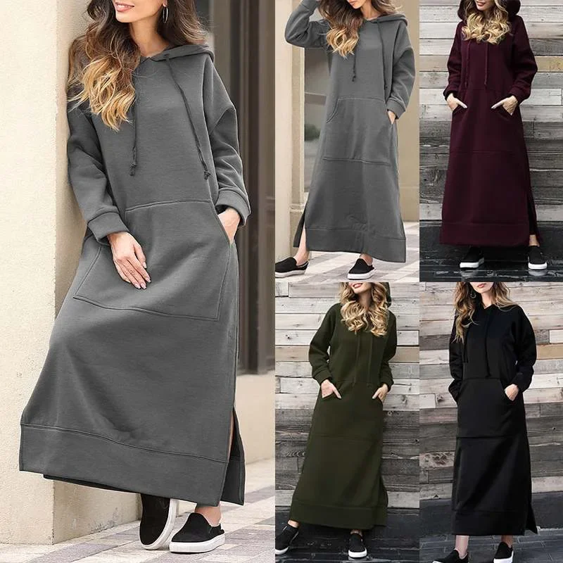 Frauen Kleider Herbst Winter Hoodies Mit Kapuze Große Tasche Pullover Kleid Lange Ärmeln Casual Lose Elegante Büro Dame Vestidos
