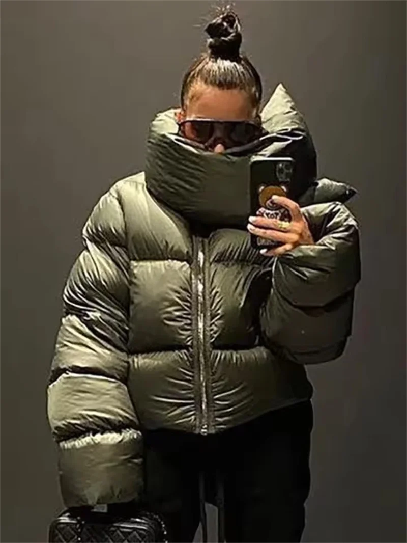 Frauen Winter Casual Warme Baumwolle Gefütterte Mantel Fashion Zipper Schal Kragen Kurze Puffer Jacke Damen Grün Parkas Streetwear Femal