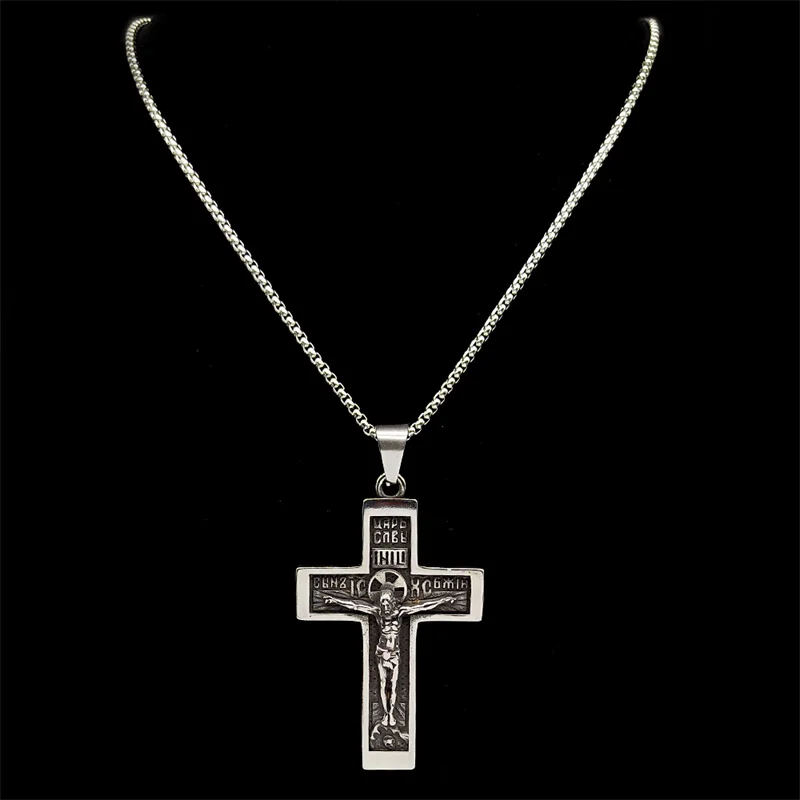 Christliche russische Edelstahl Jesus Kruzifix Kreuz Anhänger Halskette für Männer Frauen Silber Farbe Halsketten religiösen Schmuck Image