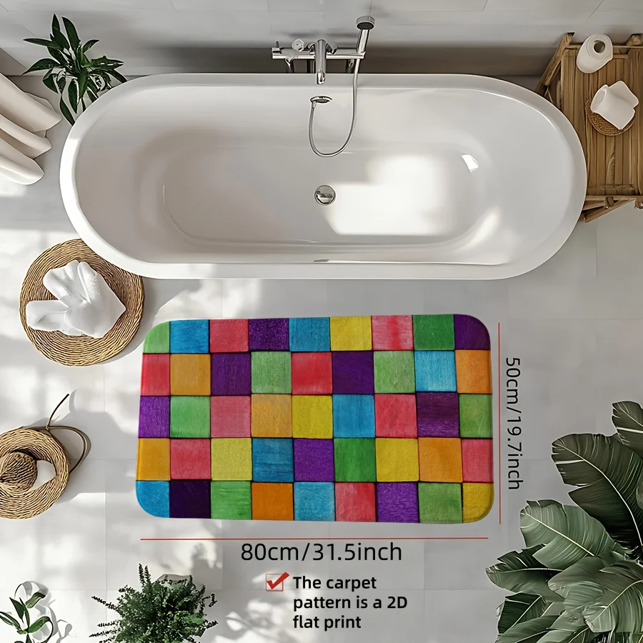 VIKAMA Bunte karierte Badezimmermatte, maschinenwaschbar, für Badezimmer, Duschraum, rutschfest, wasserabsorbierend, Heimdekoration Image