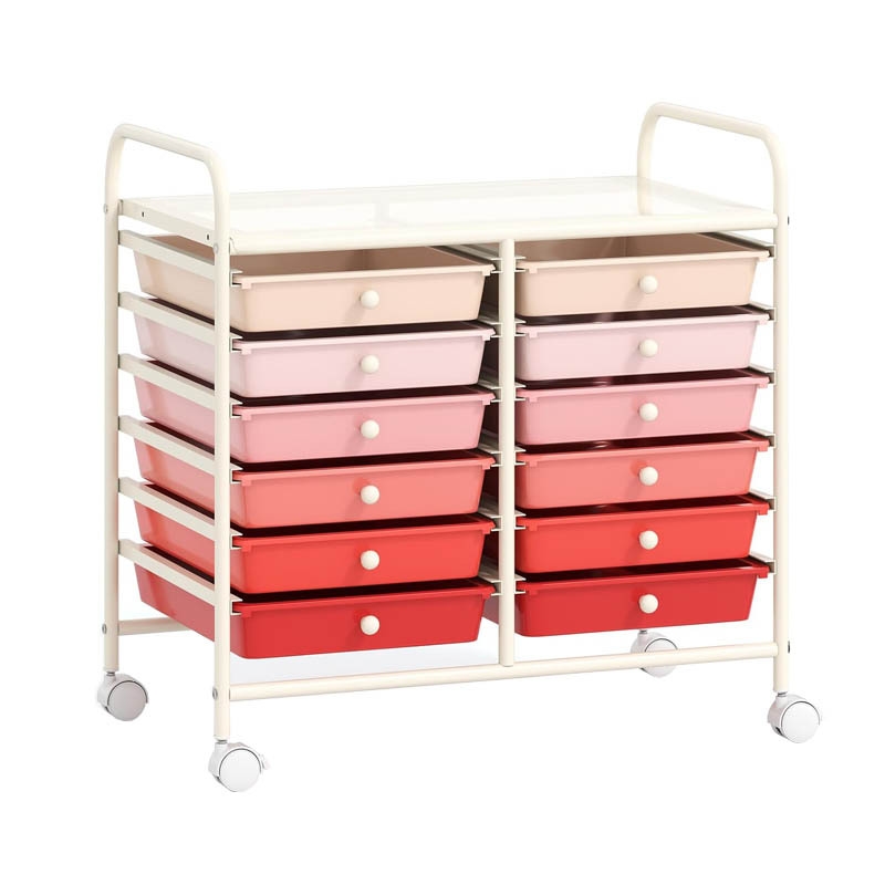COSTWAY Rollwagen mit 12 stapelbaren Schubladen, Schubladenwagen, Rollcontainer mit Metallrahmen und Ablage, 64 x 38 x 62 cm (rosa) Image