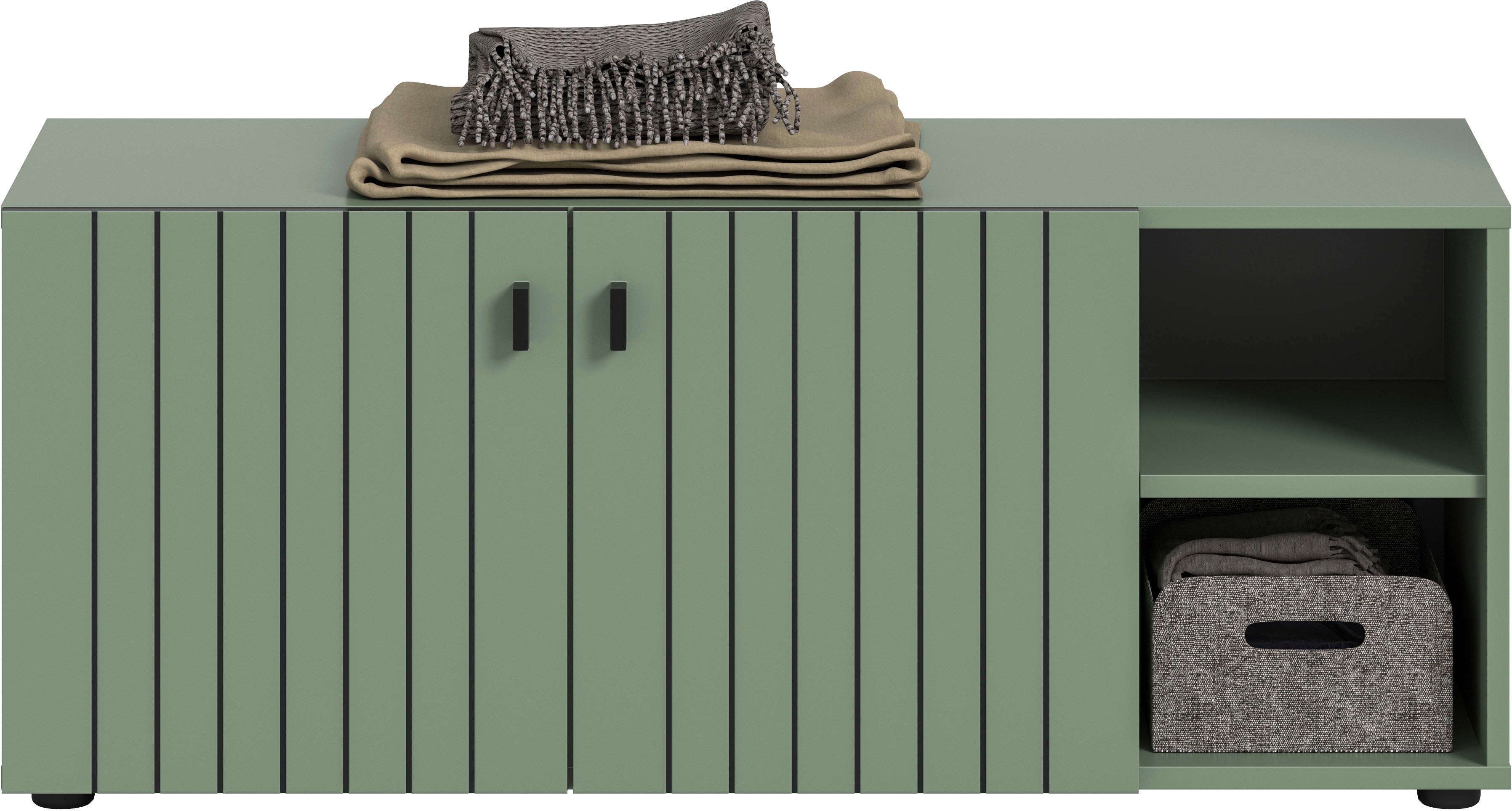 Sitzbank INOSIGN "TATIO, 106x43x37 cm, 2 Türen, 2 offene Fächer", smoke grün nachbildung, B:106cm H:44cm T:37cm, FSC-zertifizierter Holzwerkstoff, Sitzbänke, Sitzbank, Garderobensitzbank, Sitzbank Flur mit Stauraum, Sitzkissen wählbar