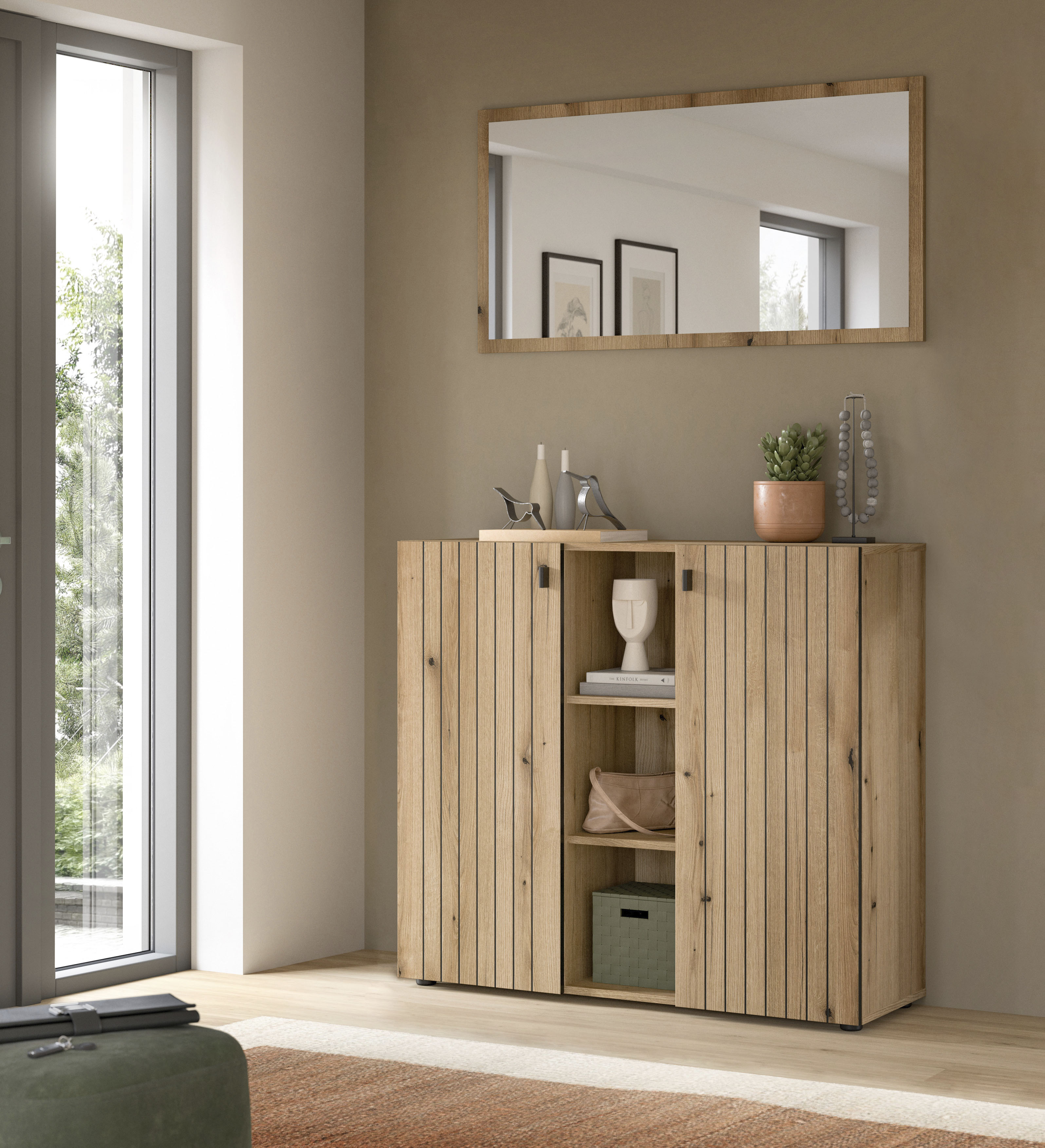 Garderoben-Set INOSIGN "TATIO, 2-tlg. Garderobenkombination,Breite: 106 cm, Rillenfräsung", evoke oak nachbildung, B:106cm H:192cm T:37cm, Holzwerkstoff, Kastenmöbel-Sets, Garderobenkombination, Kombi, Flur-Möbel, Spiegel, Kommode