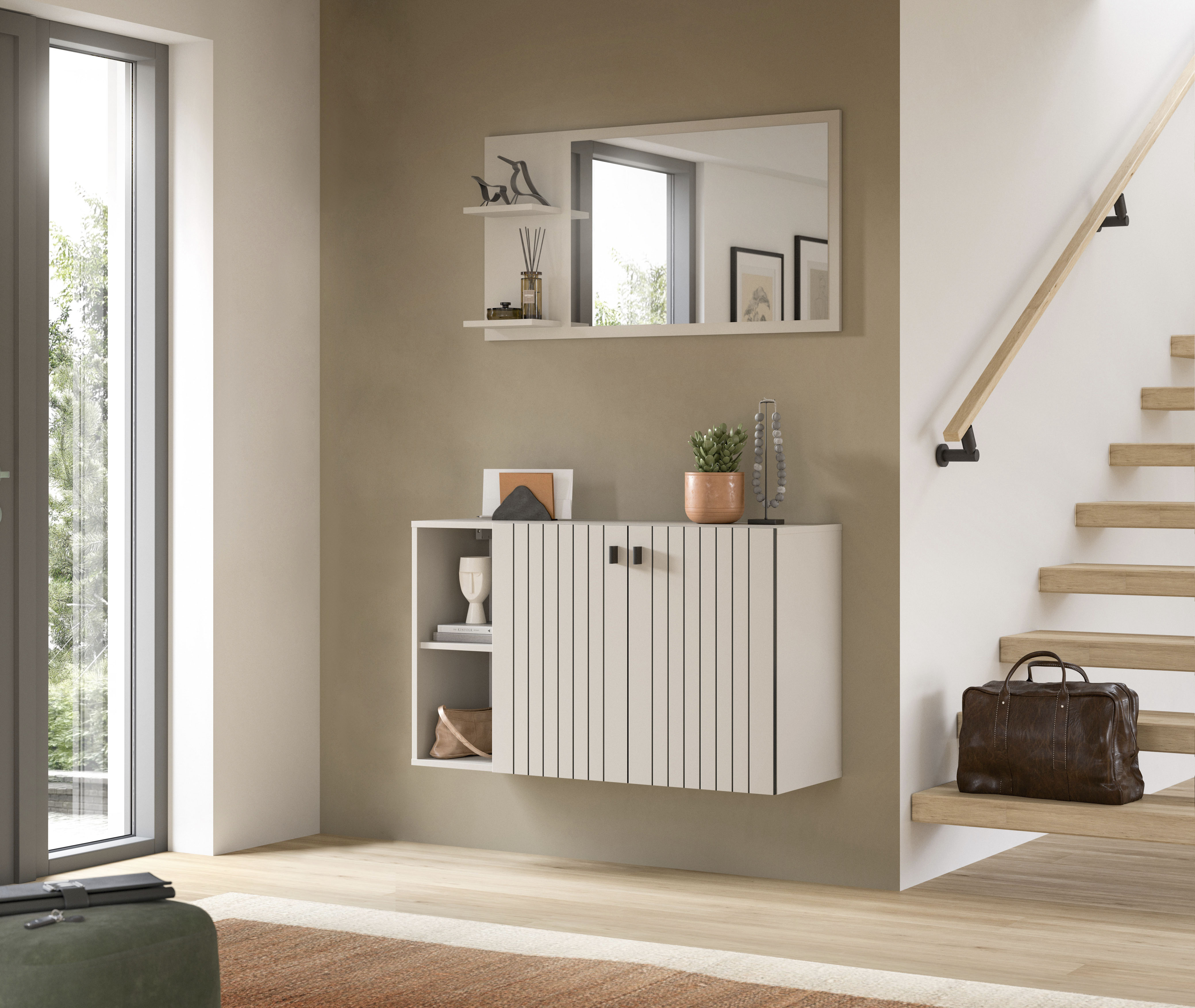 Garderoben-Set INOSIGN "TATIO, 2-tlg. Garderobenkombination, Breite: 106 cm, Rillenfräsung", kashmir nachbildung, B:106cm H:192cm T:37cm, Holzwerkstoff, Kastenmöbel-Sets, Garderobenkombination, Kombi, Flur-Möbel, Spiegel, Kommode