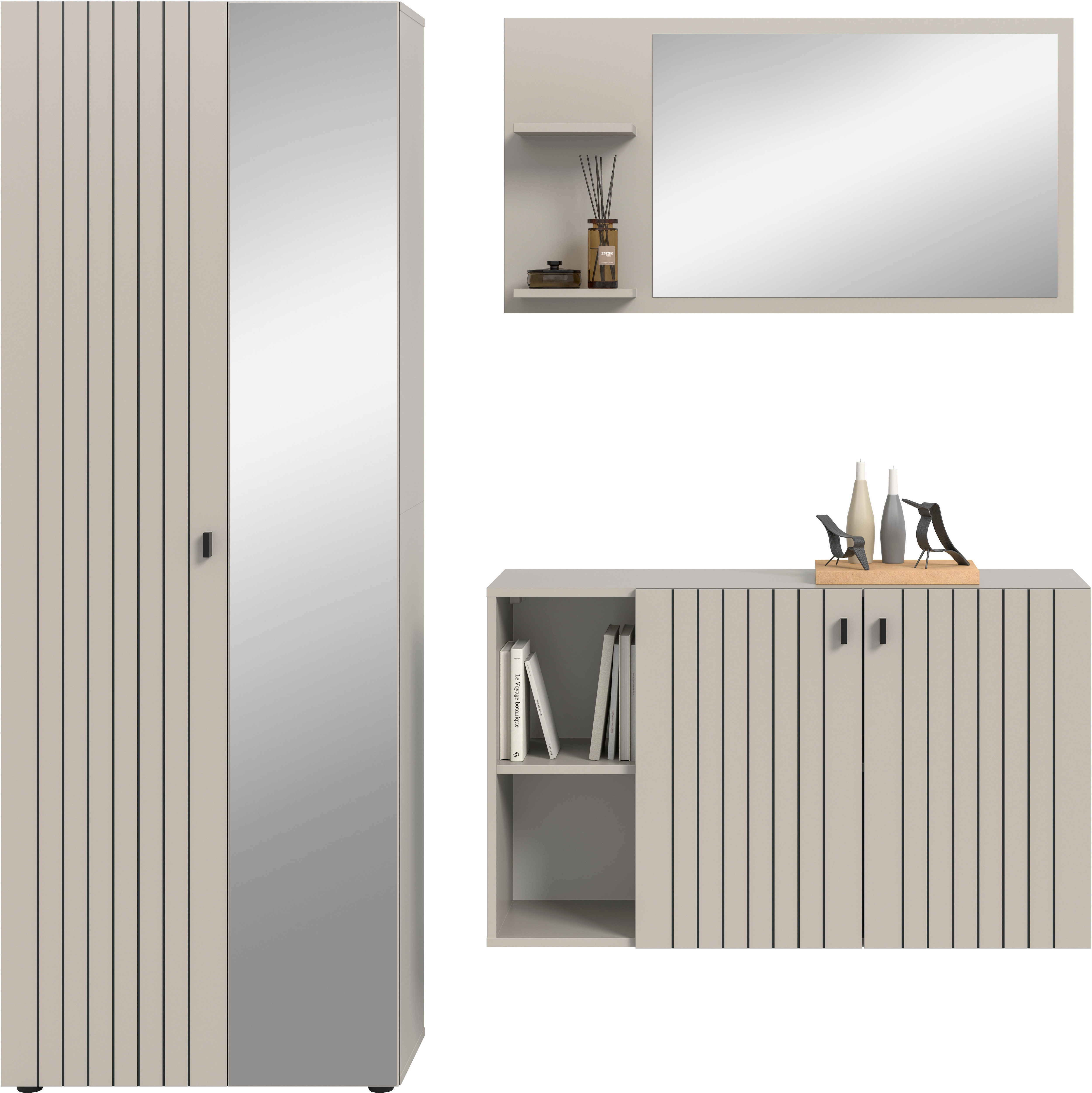 Garderoben-Set INOSIGN "TATIO, 3-tlg. Garderobenkombination, Breite: 191 cm, Rillenfräsung", kashmir nachbildung, B:191cm H:192cm T:37cm, Holzwerkstoff, Kastenmöbel-Sets, Garderobenkombination, Kombi, Flur-Möbel, Spiegel, Kommode