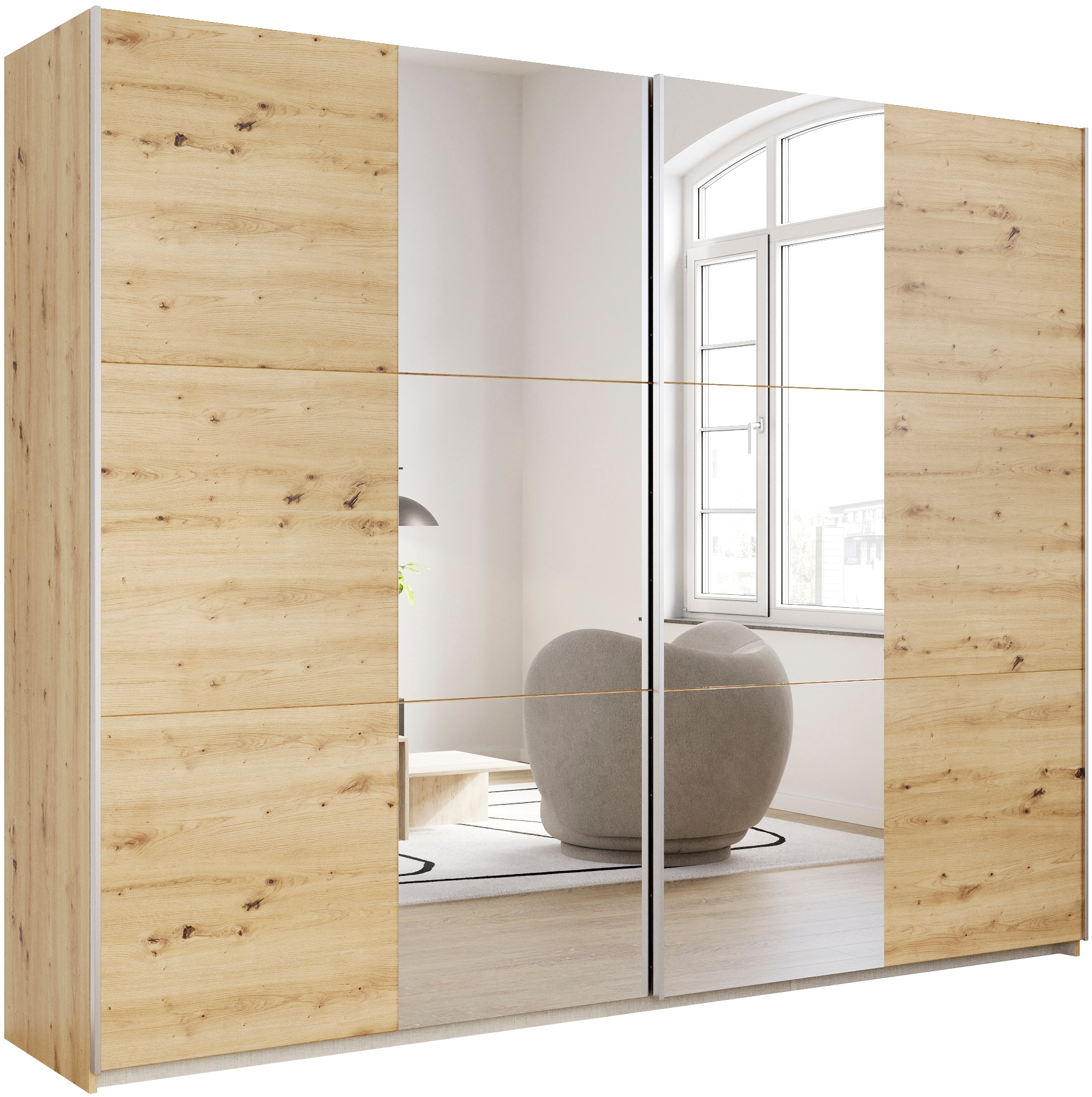 Schwebetürenschrank RAUCH "Kleiderschrank Drehtürenschrank Schrank Garderobe KRONACH TOPSELLER", braun (eiche artisan, griffleisten alu, 2 spiegel), B:261cm H:210cm T:59cm, Holzwerkstoff, Schränke, Schwebetürenschrank, mit Spiegel und viel Stauraum,...