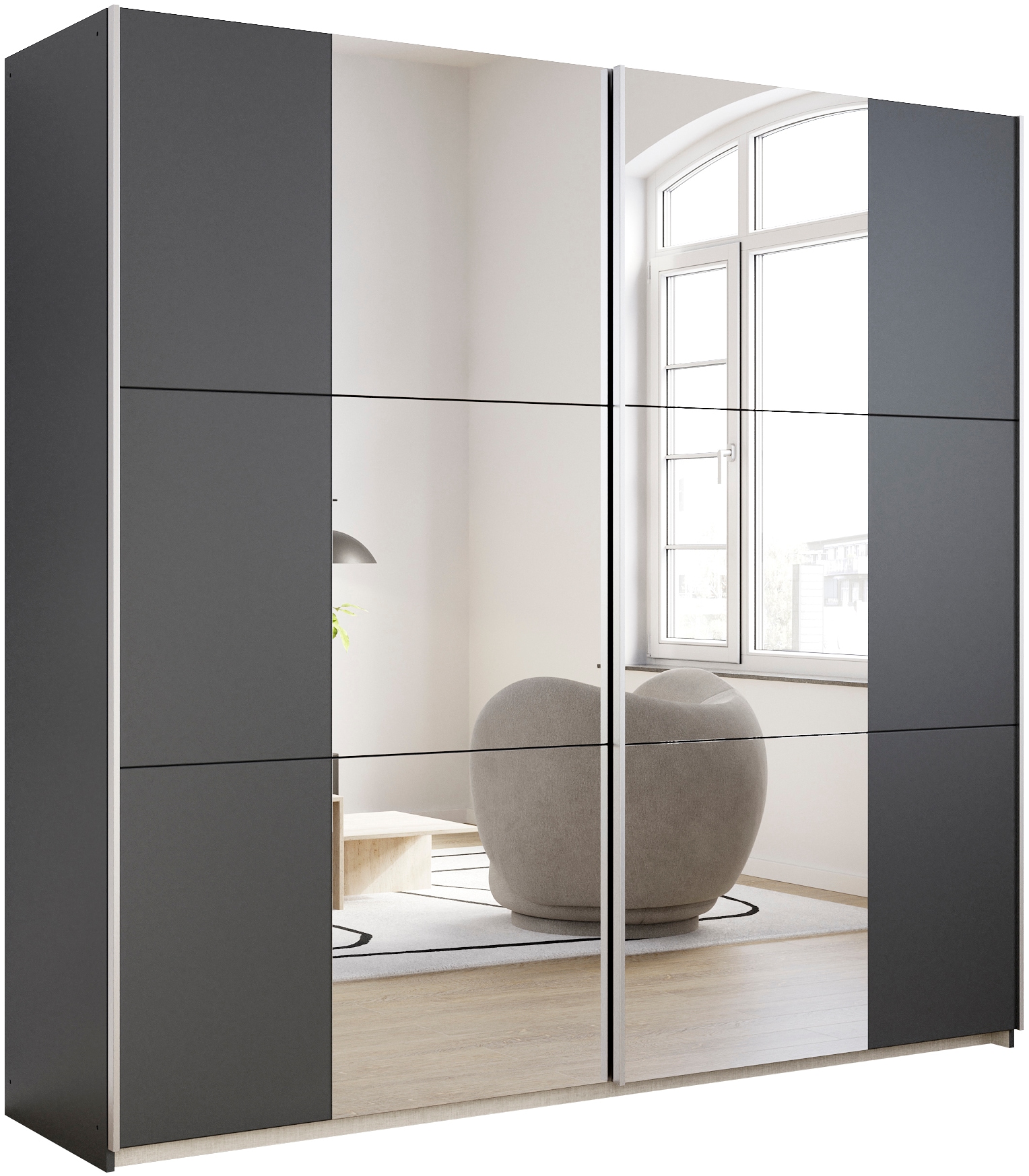 Schwebetürenschrank RAUCH "Kleiderschrank Drehtürenschrank Schrank Garderobe KRONACH TOPSELLER", grau (graumetallic, griffleisten alu, 2 spiegel), B:218cm H:210cm T:59cm, Holzwerkstoff, Schränke, Schwebetürenschrank, mit Spiegel und viel Stauraum,...