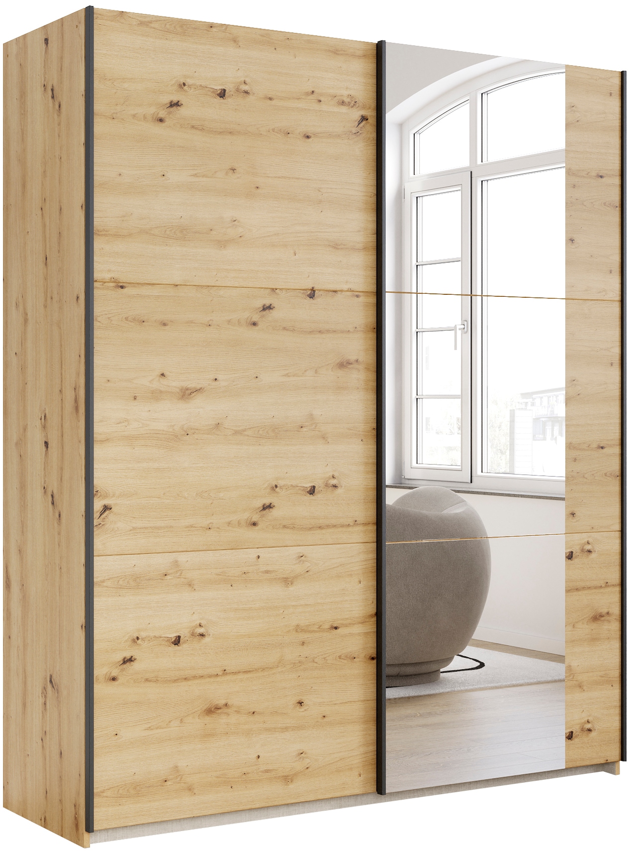 Schwebetürenschrank RAUCH "Kleiderschrank Drehtürenschrank Schrank Garderobe KRONACH TOPSELLER", braun (eiche artisan, griffleisten grau, 1 spiegel), B:175cm H:210cm T:59cm, Holzwerkstoff, Schränke, Schwebetürenschrank, mit Spiegel und viel...