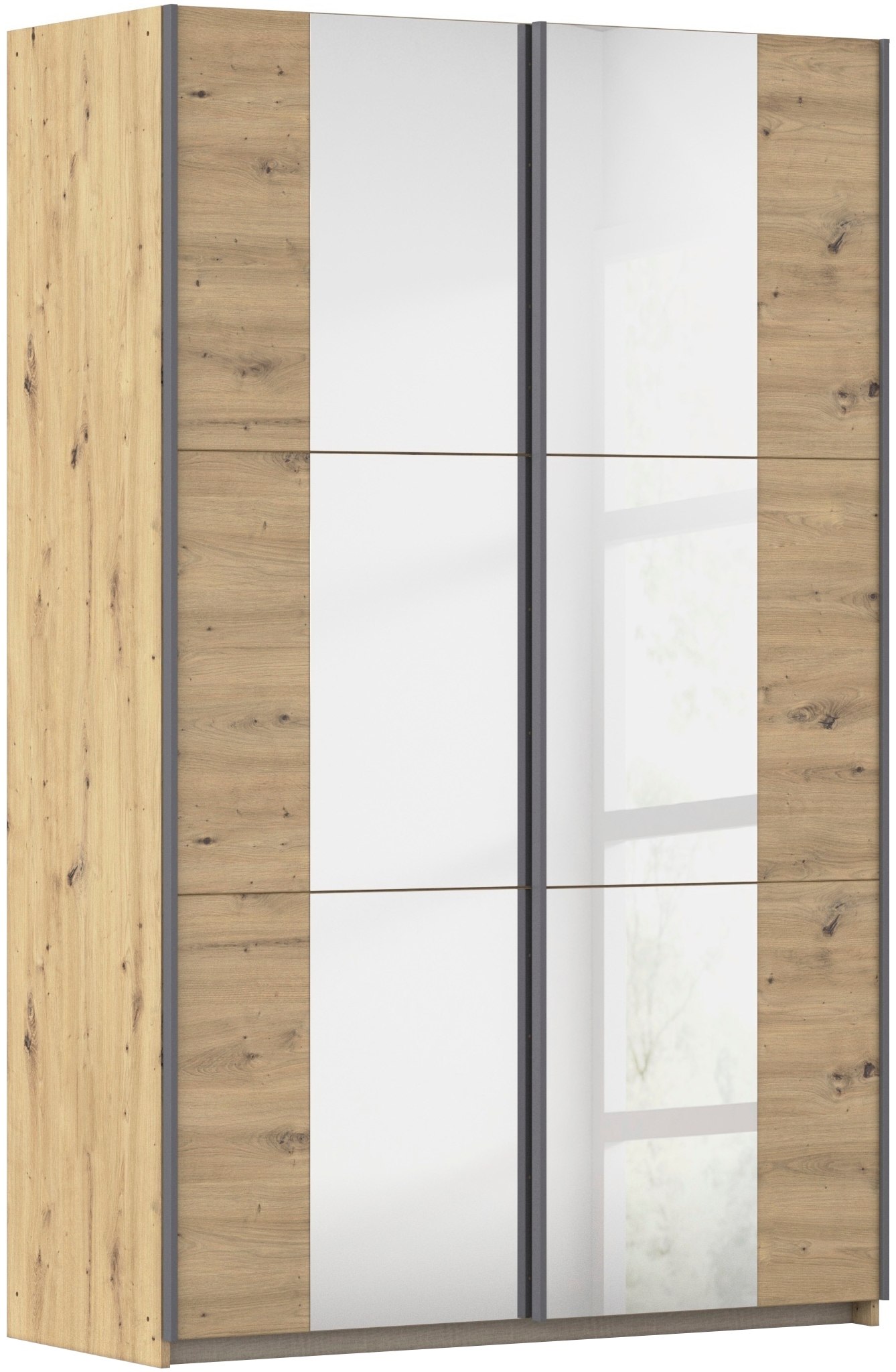 Schwebetürenschrank RAUCH "Kleiderschrank Drehtürenschrank Schrank Garderobe KRONACH TOPSELLER", braun (eiche artisan, griffleisten grau, 2 spiegel), B:131cm H:210cm T:59cm, Holzwerkstoff, Schränke, Schwebetürenschrank, mit Spiegel und viel...