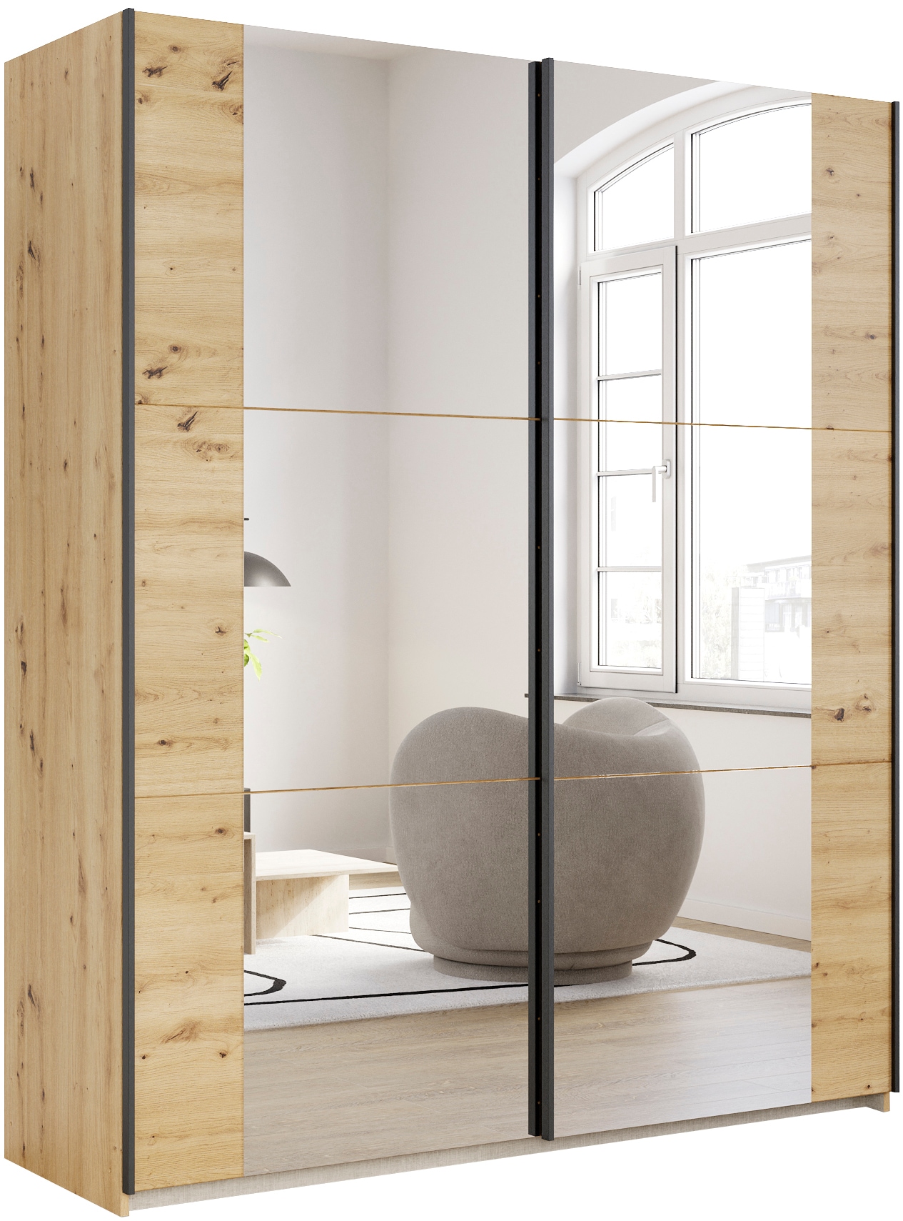 Schwebetürenschrank RAUCH "Kleiderschrank Drehtürenschrank Schrank Garderobe KRONACH TOPSELLER", braun (eiche artisan, griffleisten grau, 2 spiegel), B:175cm H:210cm T:59cm, Holzwerkstoff, Schränke, Schwebetürenschrank, mit Spiegel und viel...