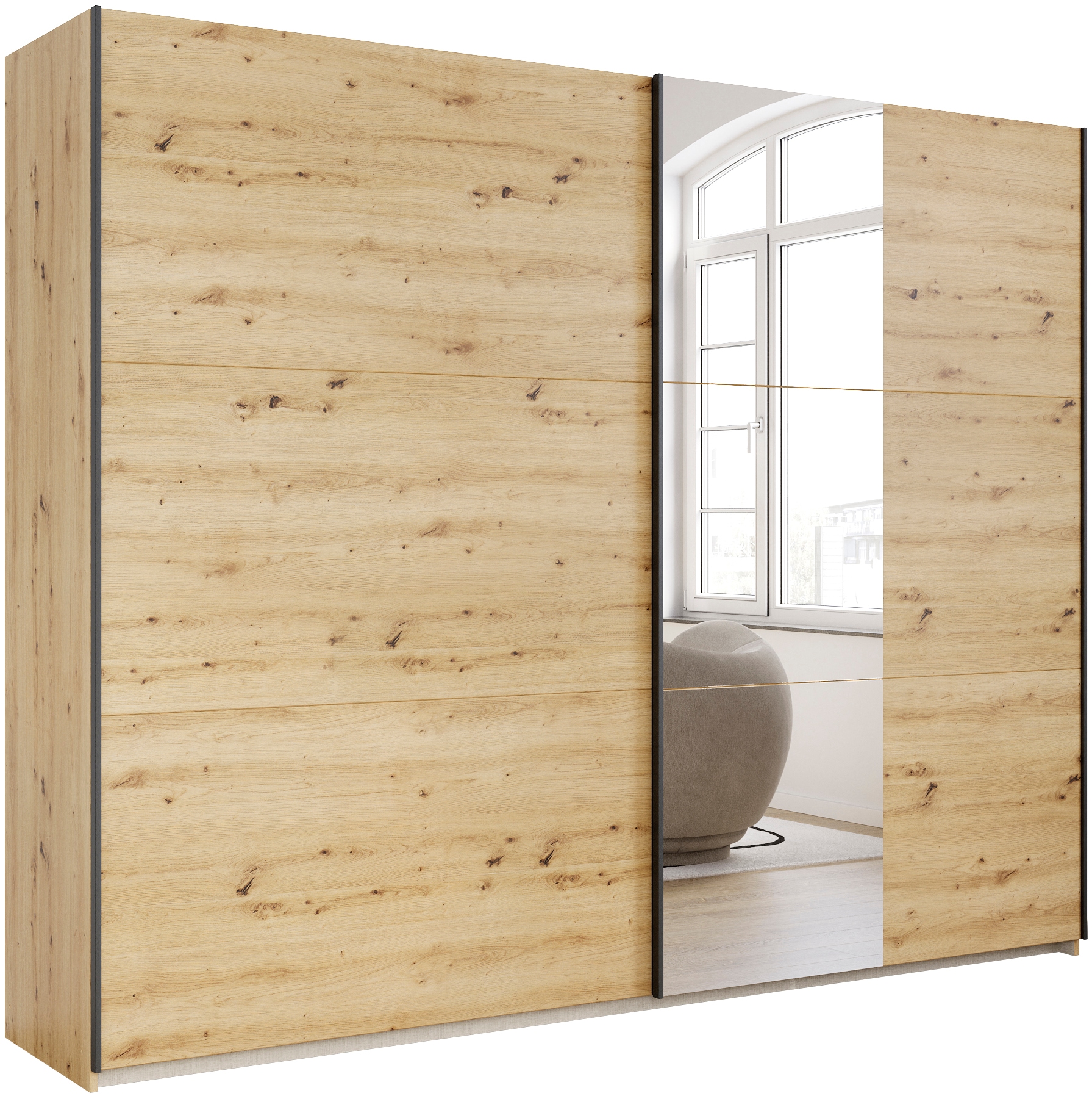 Schwebetürenschrank RAUCH "Kleiderschrank Drehtürenschrank Schrank Garderobe KRONACH TOPSELLER", braun (eiche artisan, griffleisten grau, 1 spiegel), B:261cm H:210cm T:59cm, Holzwerkstoff, Schränke, Schwebetürenschrank, mit Spiegel und viel...