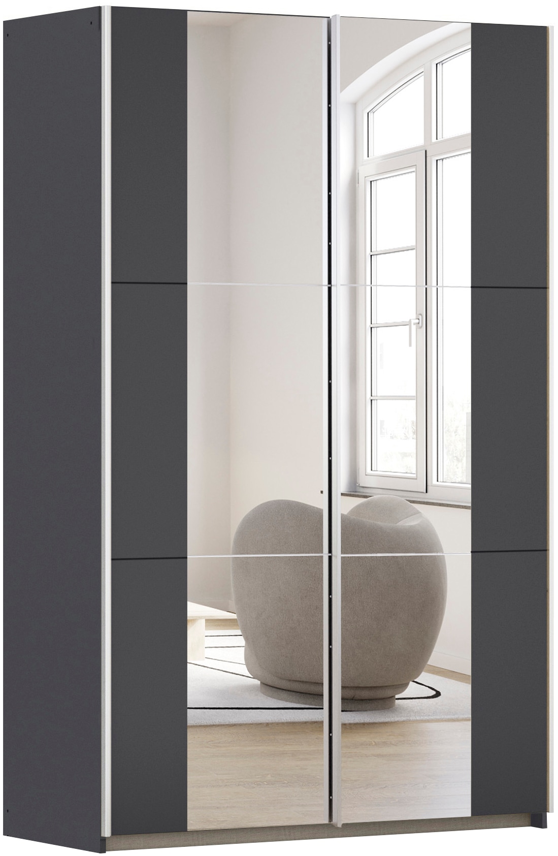 Schwebetürenschrank RAUCH "Kleiderschrank Drehtürenschrank Schrank Garderobe KRONACH TOPSELLER", grau (graumetallic, griffleisten alu, 2 spiegel), B:131cm H:210cm T:59cm, Holzwerkstoff, Schränke, Schwebetürenschrank, mit Spiegel und viel Stauraum,...