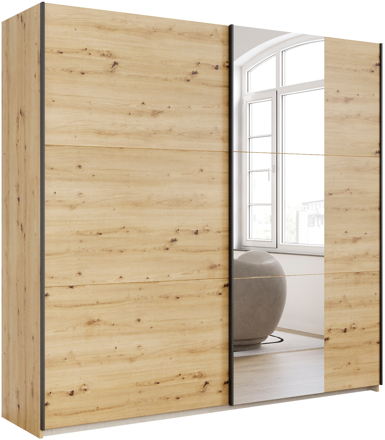 Schwebetürenschrank RAUCH "Kleiderschrank Drehtürenschrank Schrank Garderobe KRONACH TOPSELLER", braun (eiche artisan, griffleisten grau, 1 spiegel), B:218cm H:210cm T:59cm, Holzwerkstoff, Schränke, Schwebetürenschrank, mit Spiegel und viel...