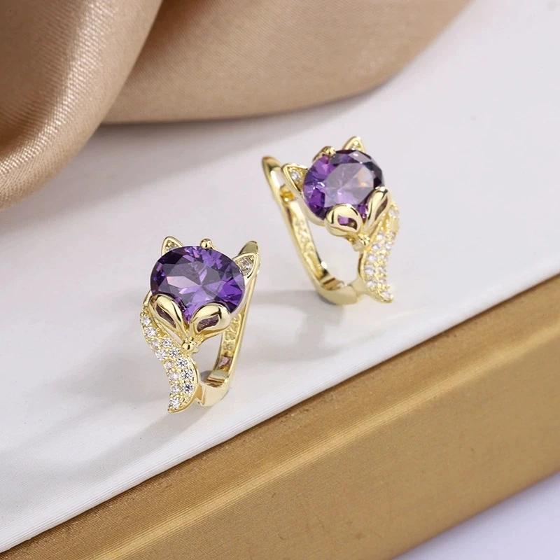 Lila Zirkon Mehrfarbige Kristall Niedliche Kleine Fuchs Creolen Für Frauen Vintage Gold Farbe Ohr Schnalle Hochzeit Valentines Schmuck Image