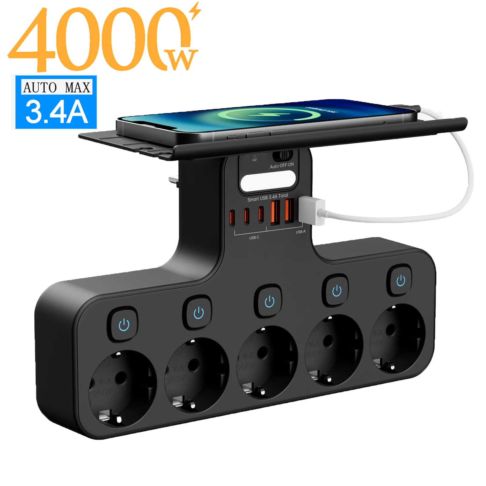 4000 W EU-Stecker Multifunktions-Steckdosenleiste zur Wandmontage, unabhängige Schalter, Sensor-Nachtlicht mit 3 USB-C, 3 USB-A-Ladeanschlüssen Image