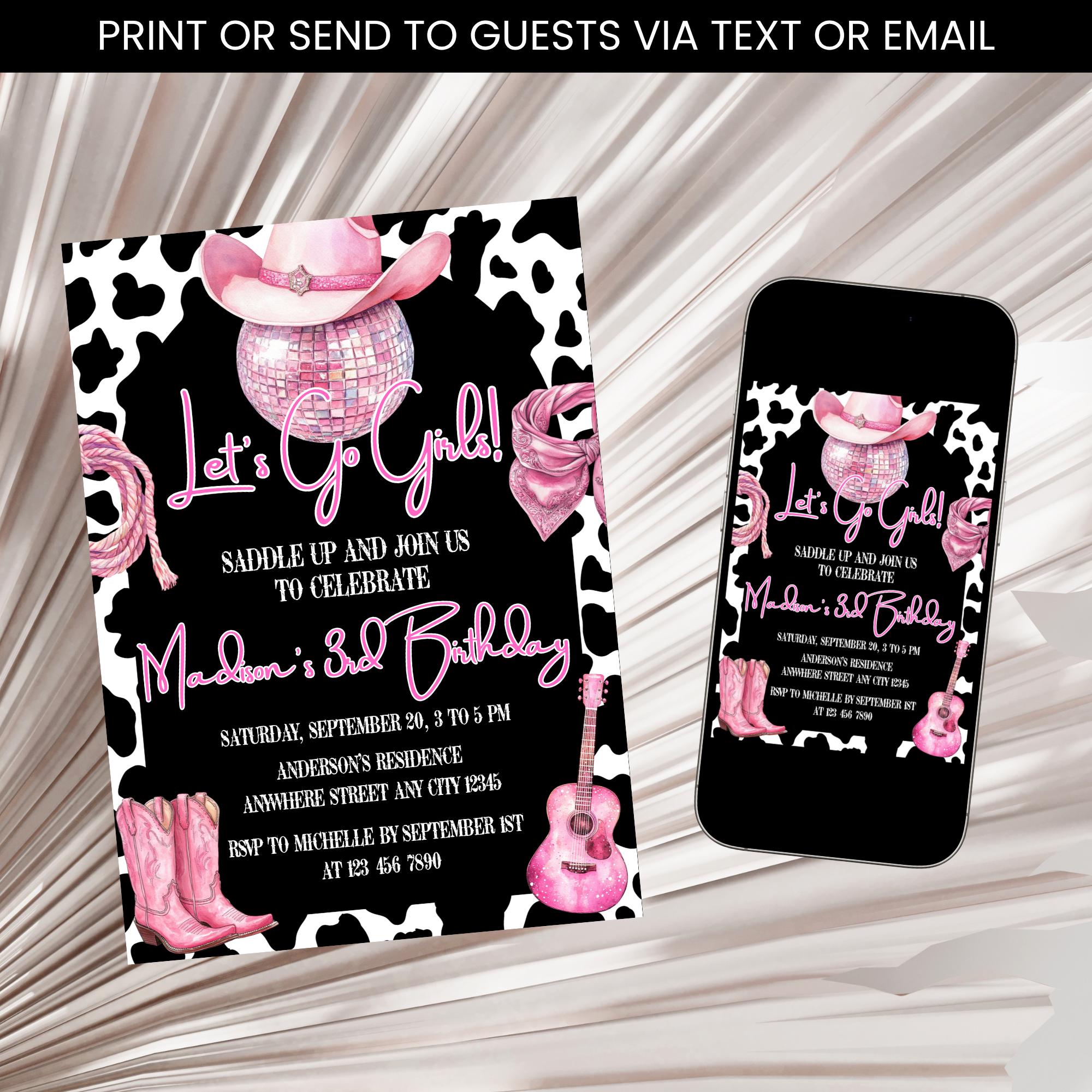 Invito di compleanno a tema Cowgirl Disco Rosa, invito di compleanno a tema Cowgirl Yee Haw, invito a tema Cowgirl Rodeo, Cowgirl Spaziale, modello di