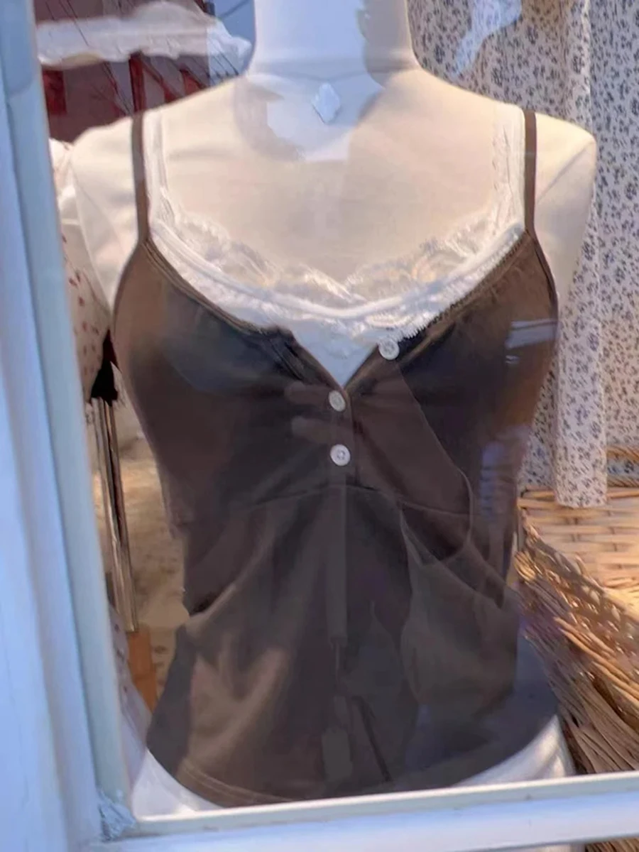 Retro Braun Spitze Trim Tasten Tank Tops Frauen Sommer V-ausschnitt Baumwolle Sexy Schlank Ärmel Crop Top Süße Vintage Chic Y2K Leibchen
