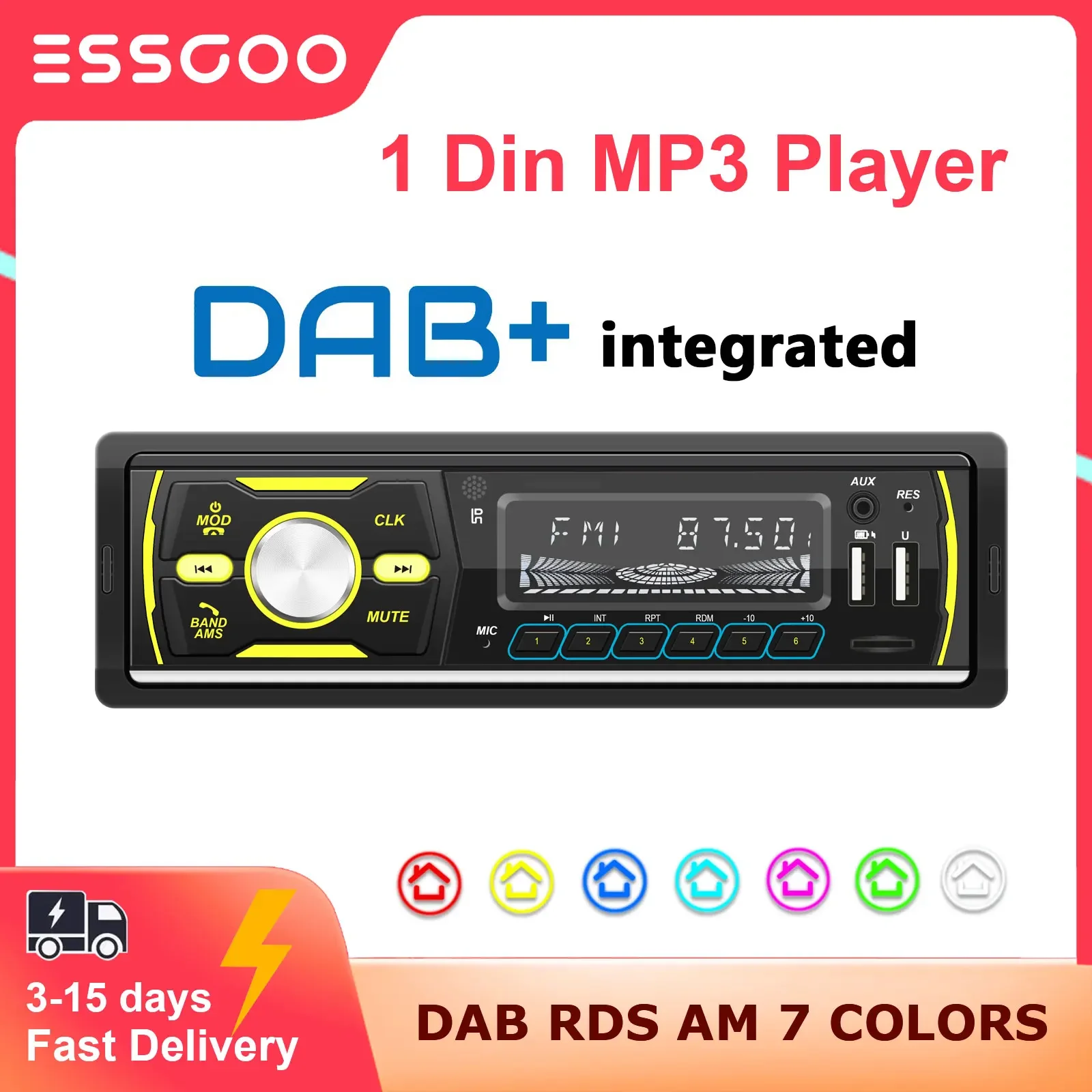 ESSGOO-Auto-Multimedia-Player, Autoradio, 1 Din, MP3, DAB, RDS, AM, FM-Stereoradio, 7-Farben-Taste, Bluetooth, Zentral, Audio Image