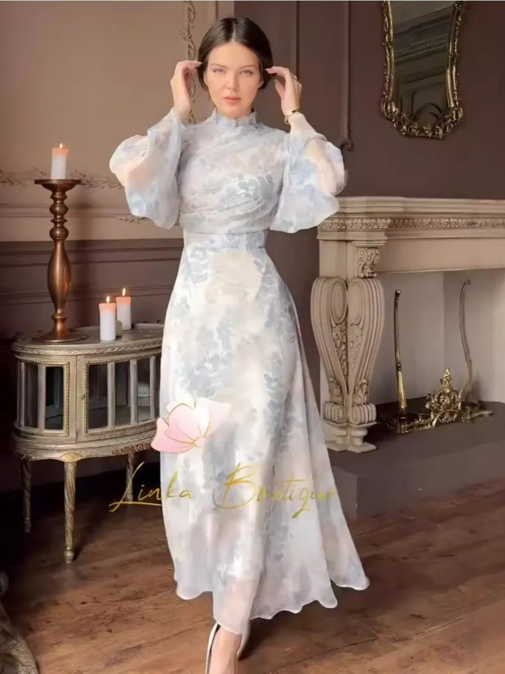 Eid Party Kleid Frauen Blume Drucken Bandage Slim Fit Muslimischen Abaya Langarm Jalabiya Ramadan Vestidos Largos Arabischen Lange Robe Image