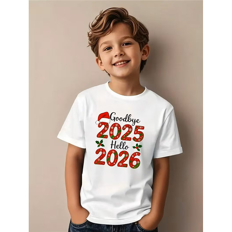 Cotton Christmas Kids Boys' 2026 New Year'S Party Black White Graphic Number Hat T shirt Blouse Crew Neck Short Sleeve Outdoor Dailywear Fashion Streetwear Designer Printing Summer