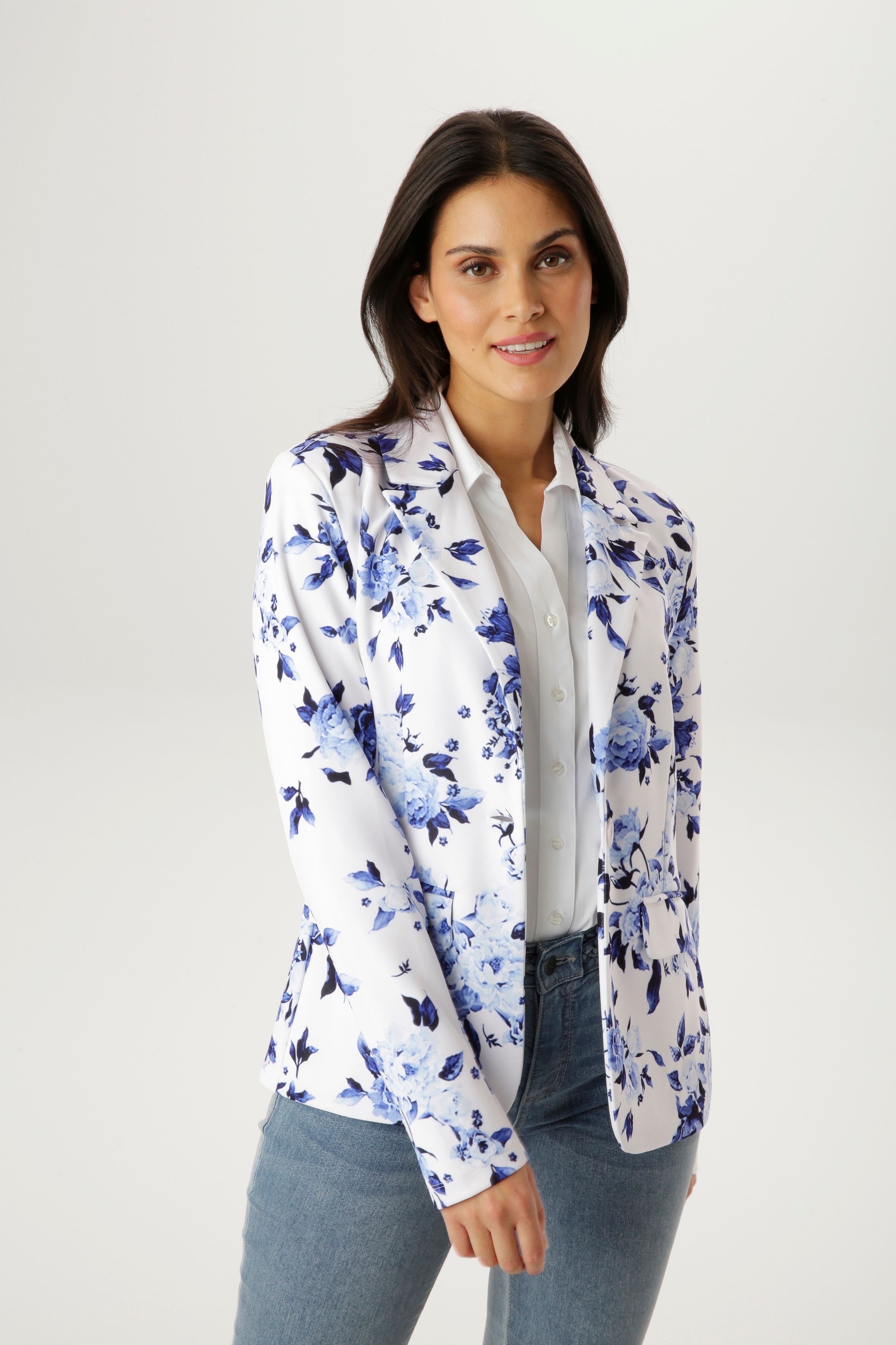 Jerseyblazer ANISTON SELECTED, Damen, Gr. 38, weiß, hellbau, blau, dunkelblau, Jersey, Obermaterial: 95% Polyester, 5% Elasthan, bedruckt, geblümt, gemustert, figurbetont hüftbedeckend, Blazer