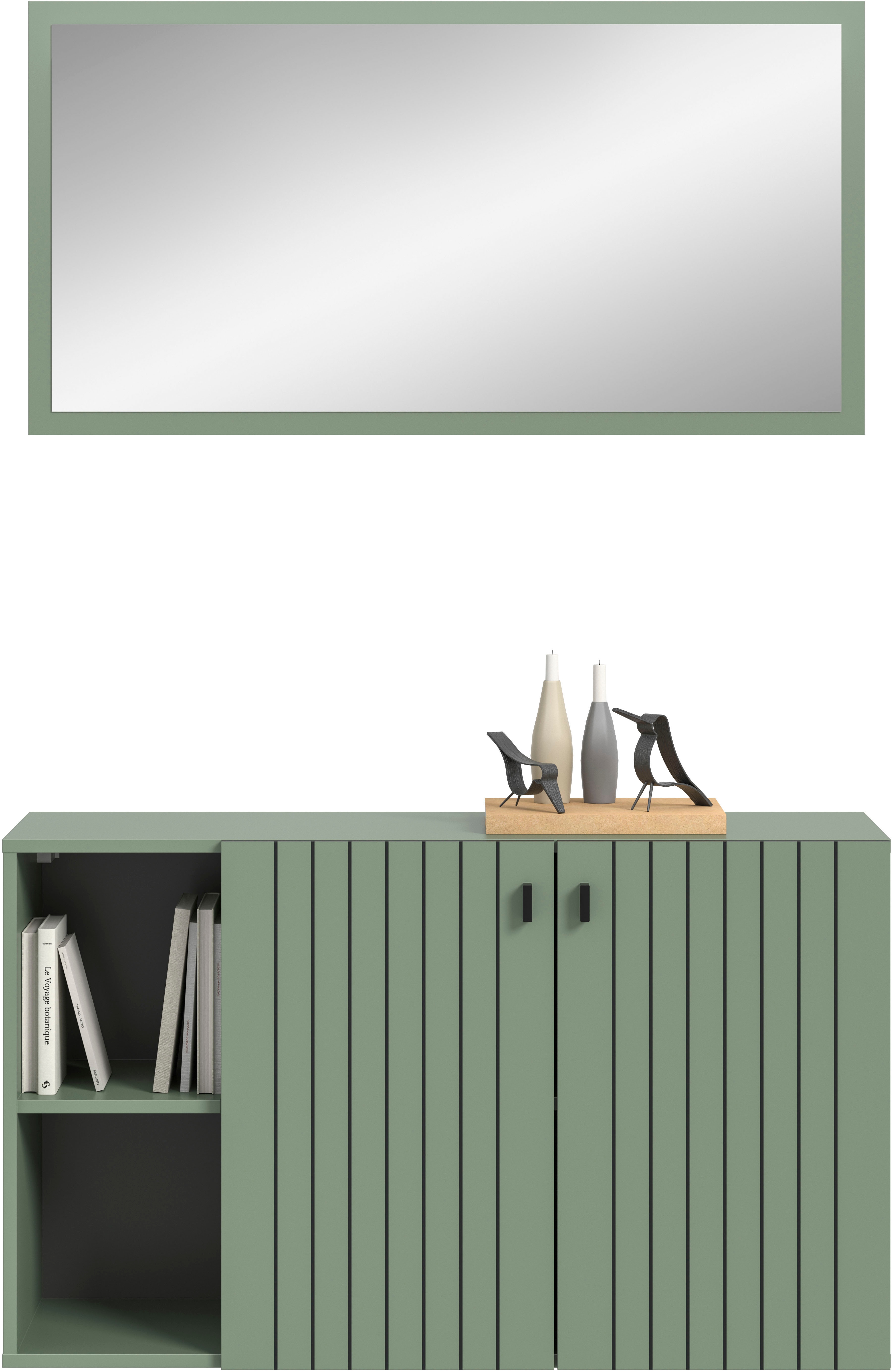 Garderoben-Set INOSIGN "TATIO, 2-tlg. Garderobenkombination, Breite: 106 cm, Rillenfräsung", smoke grün nachbildung, B:106cm H:192cm T:37cm, Holzwerkstoff, Kastenmöbel-Sets, Garderobenkombination, Kombi, Flur-Möbel, Spiegel,Schuhkommode