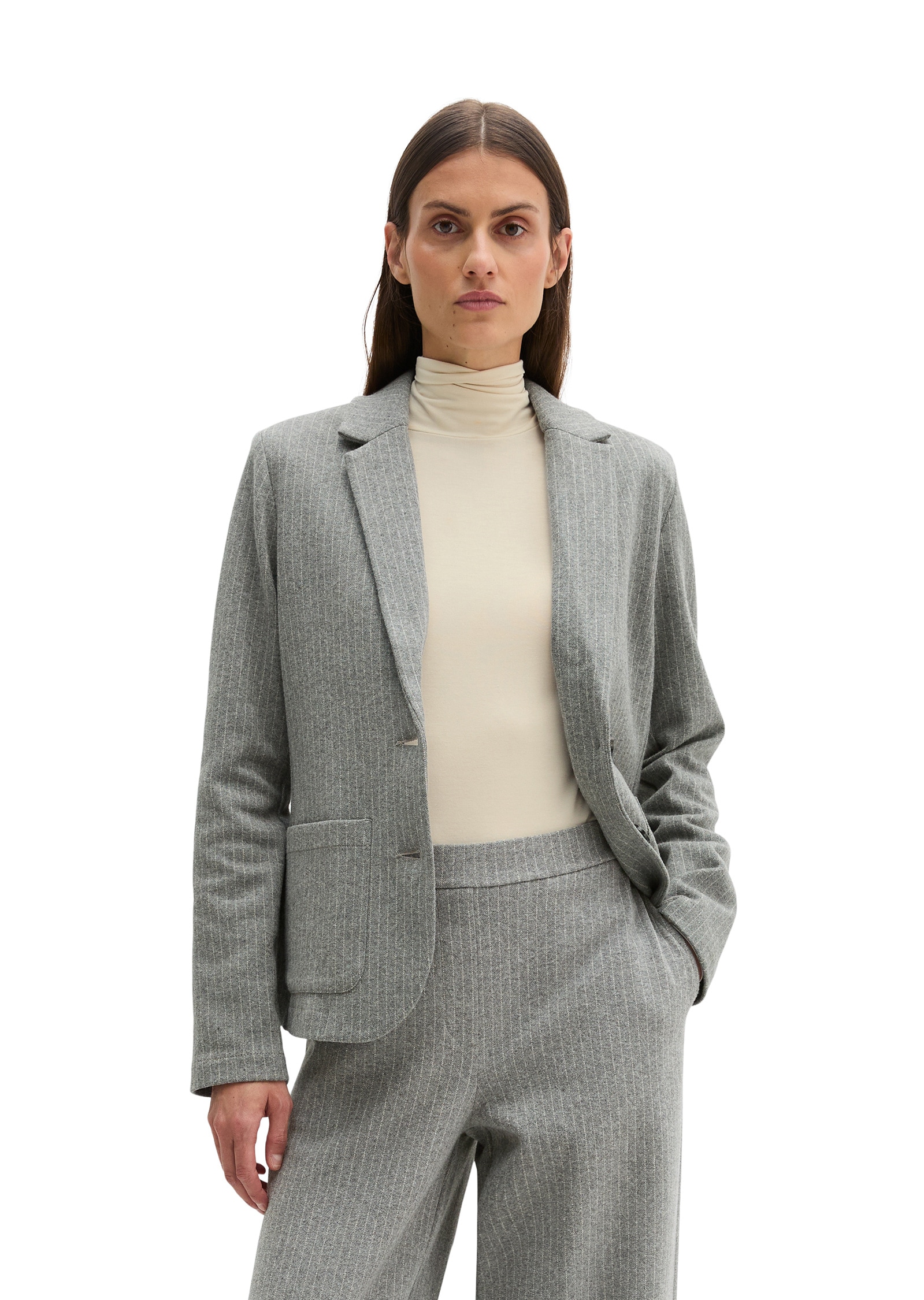 Jerseyblazer MARC O'POLO "aus Organic-Cotton-Mix", Damen, Gr. 40, light grau, Jersey, Obermaterial: 91% Baumwolle, 8% Polyester, 1% Elasthan, gestreift, regular fit normal, normaler Saum, Blazer