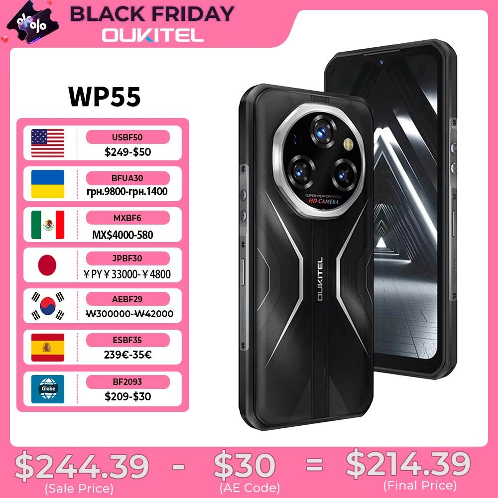 Oukitel WP55 11000mAh 5G Rugged Smartphone 36GB(12+24)+256GB Cell Phone Android 15, 108MP Camera NFC Fingerprint Mobile Phone
