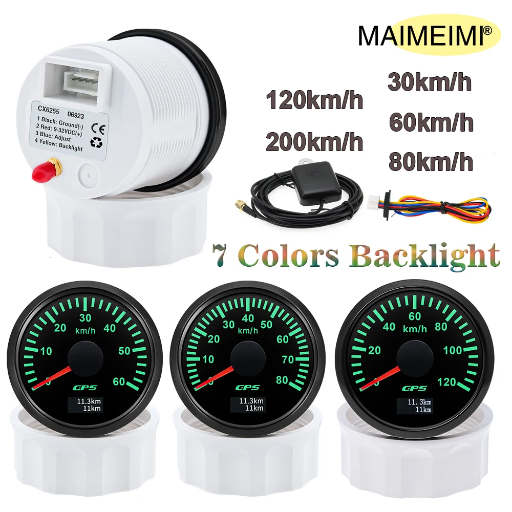 Ein 52 mm GPS-Tachometer für Motorrad, Marine, Boot, 7 Farben, Hintergrundbeleuchtung, wasserdichter Geschwindigkeitsmesser, Kilometerzähler, 30–200 km/h, mit GPS-Antenne Image