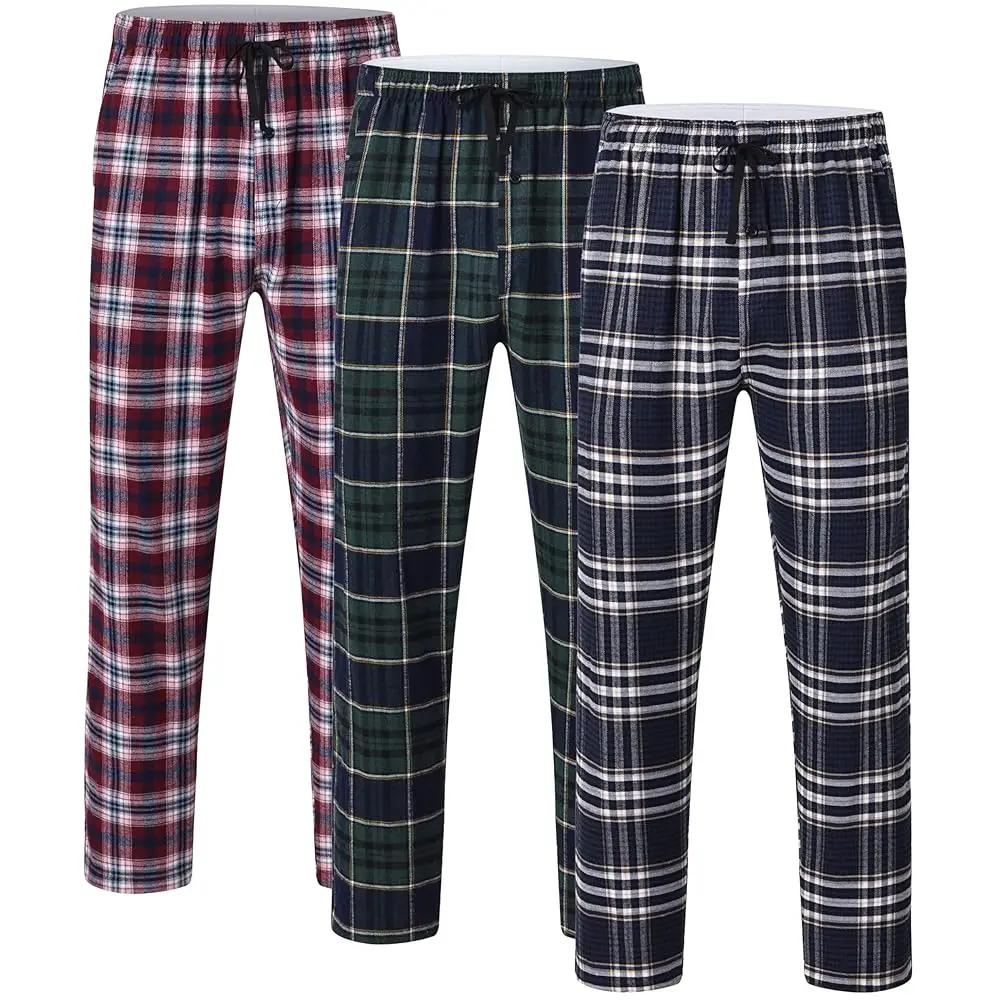 3-teiliges Herren-Pyjama-Schlafhose mit Karomuster, lange Pyjamahose mit elastischem Bund für Homewear Image